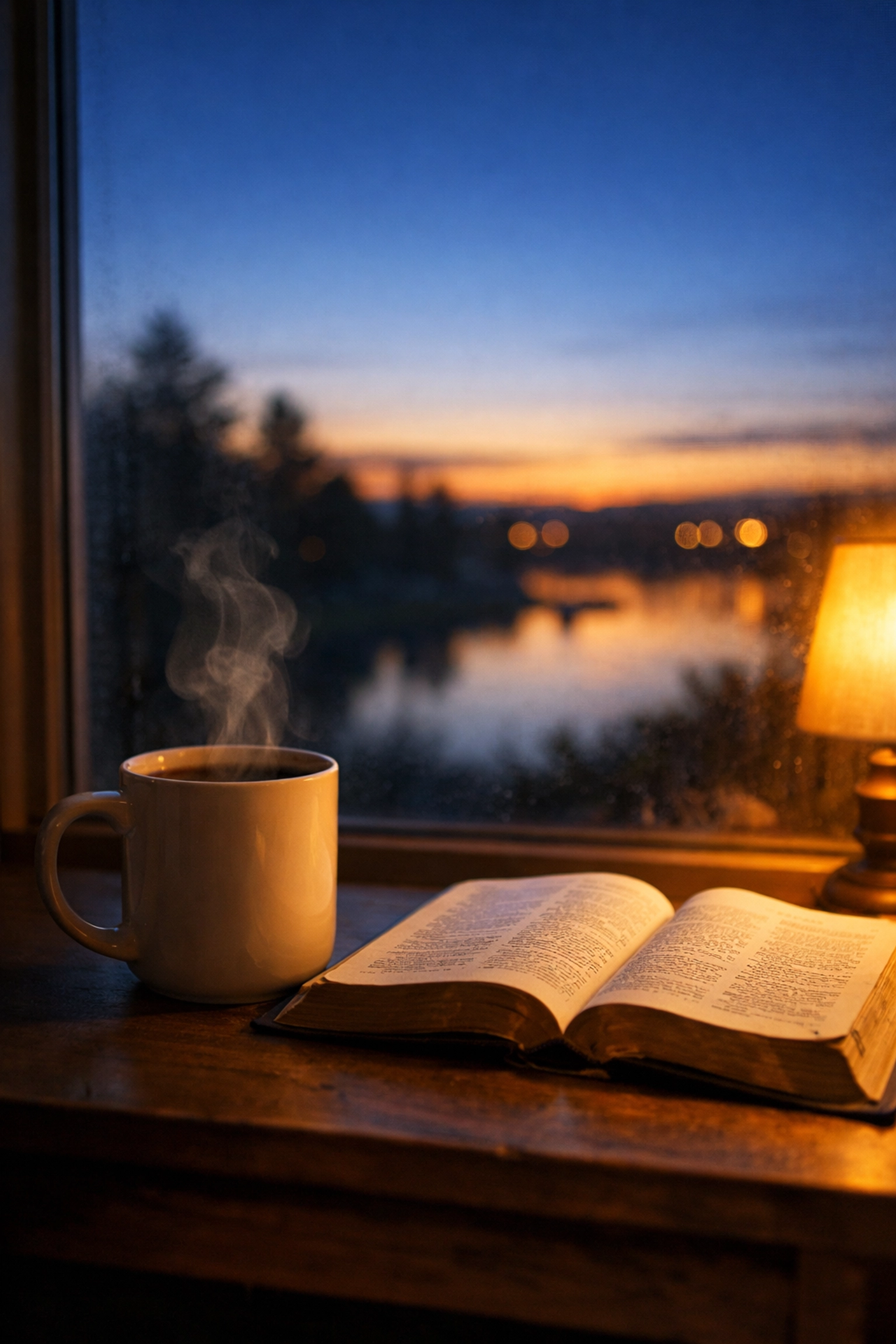 Early morning coffee and open Bible on table with peaceful dawn light streaming through window