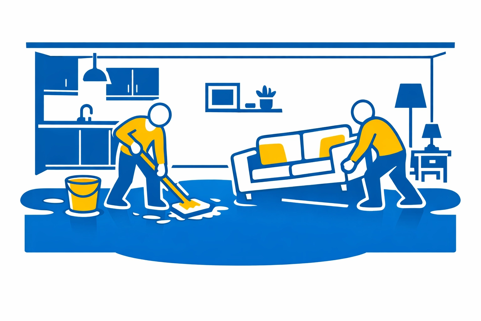 Homeowners cleaning up standing water and moving furniture to prevent water damage spread