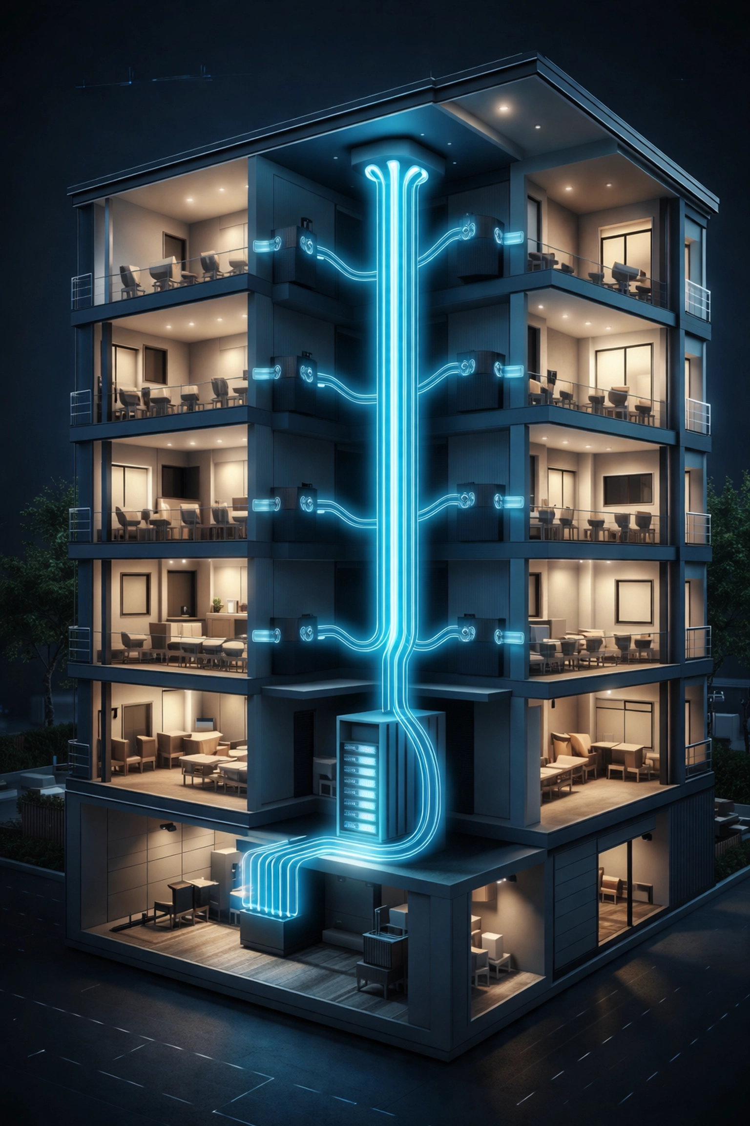 Cross-section of apartment building showing owned bulk fiber network connecting units, illustrating digital infrastructure ownership