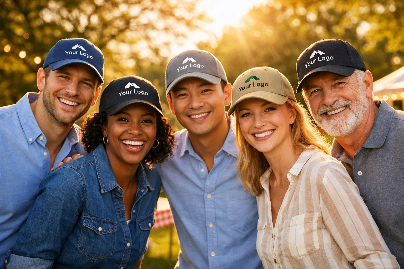 Team wearing custom embroidered hats at outdoor spring company event