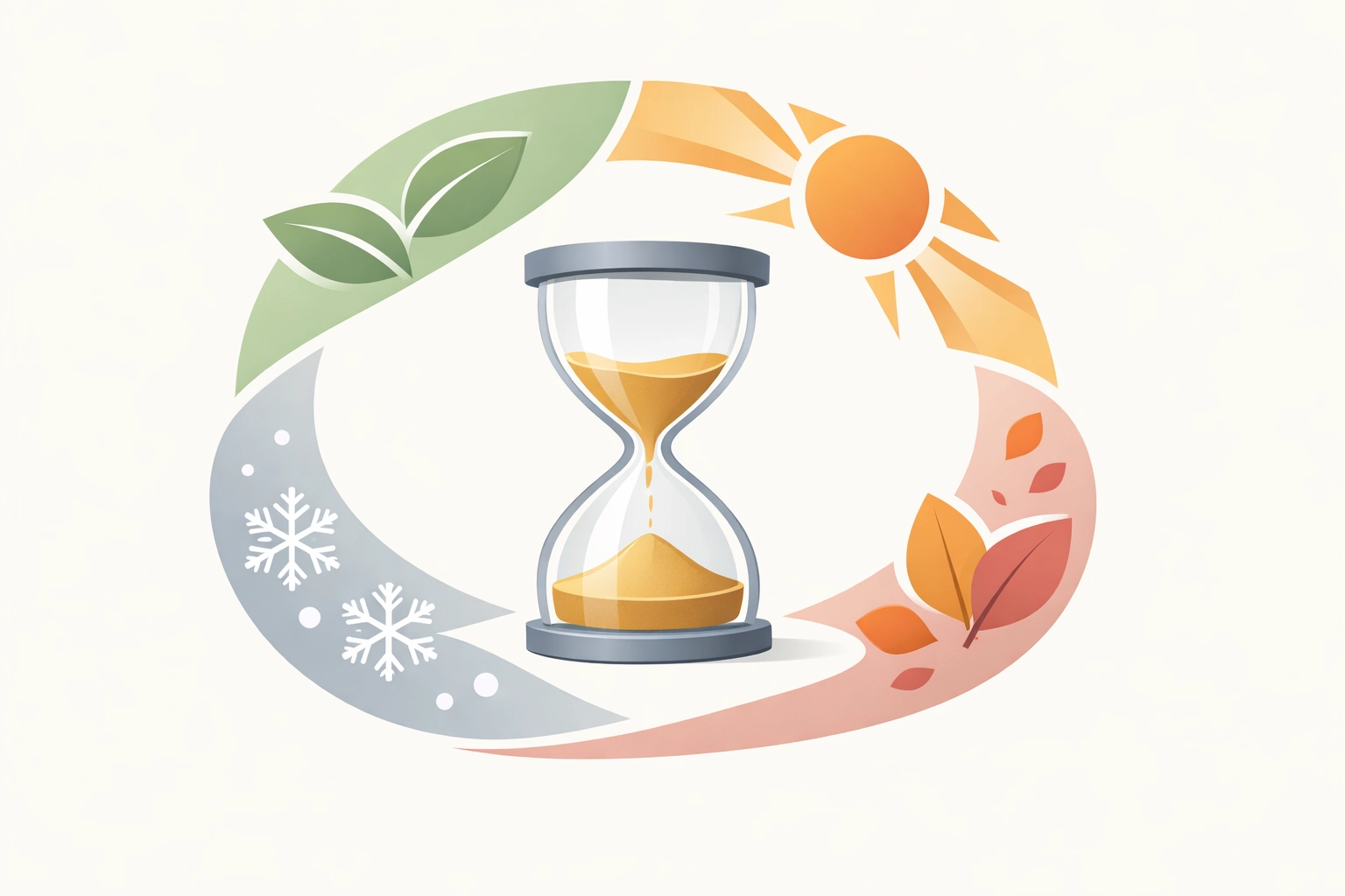 Hourglass surrounded by seasonal symbols representing God's perfect timing in the healing journey