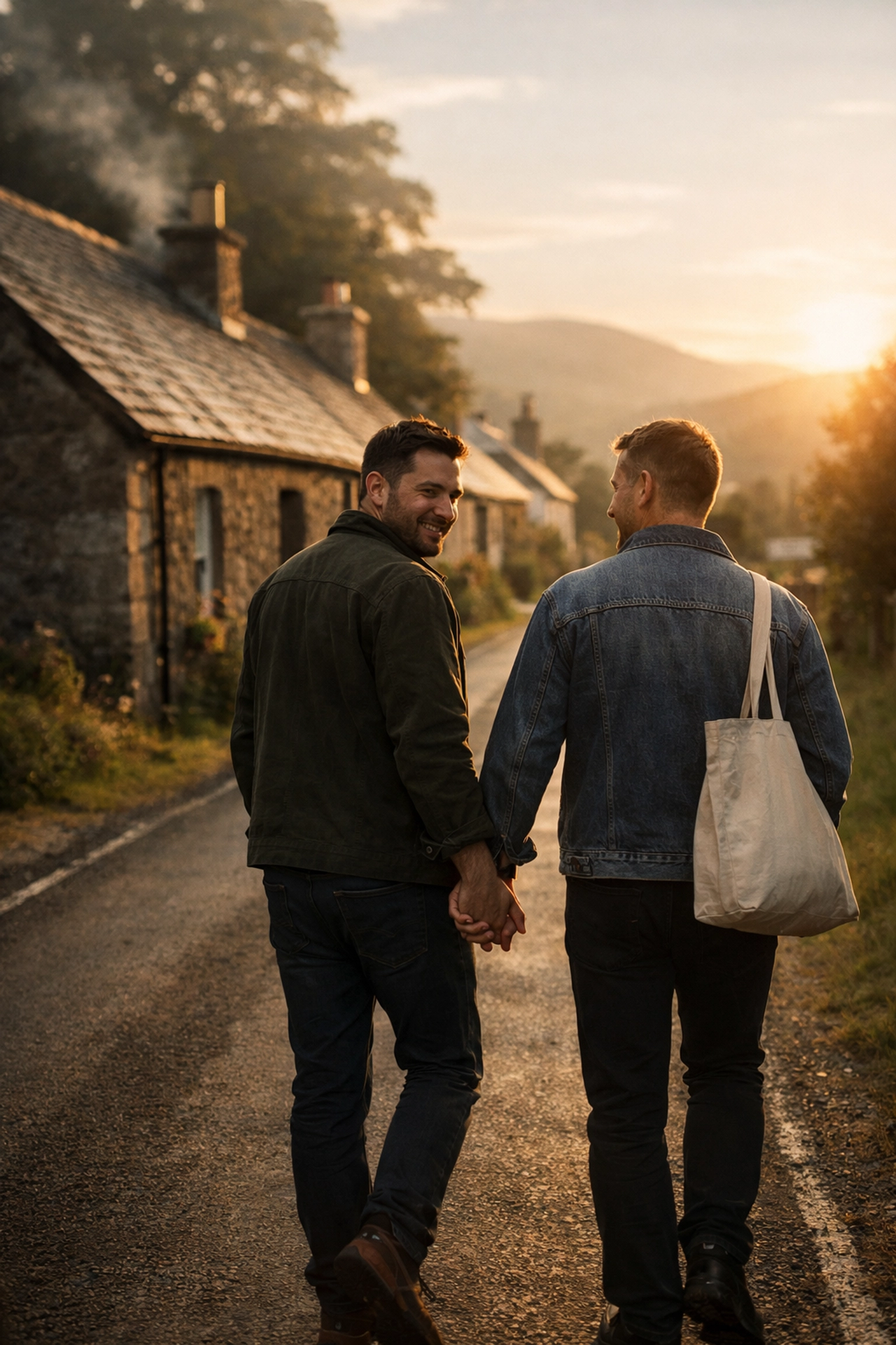 A gay couple walks hand-in-hand through a peaceful Highland village with stone cottages at sunset.