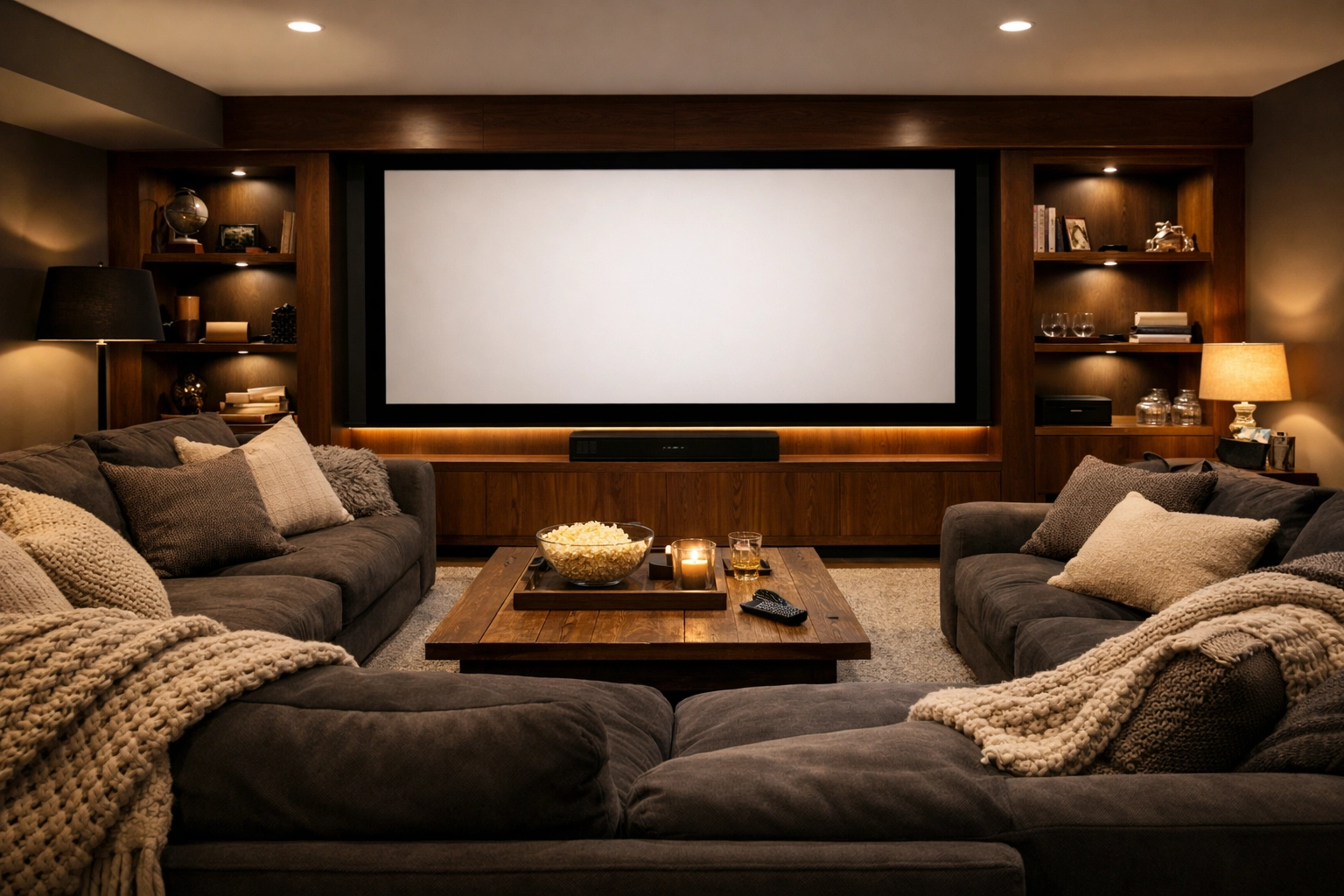 Cozy basement entertainment room with a sectional sofa and home theater media wall for family movie nights.