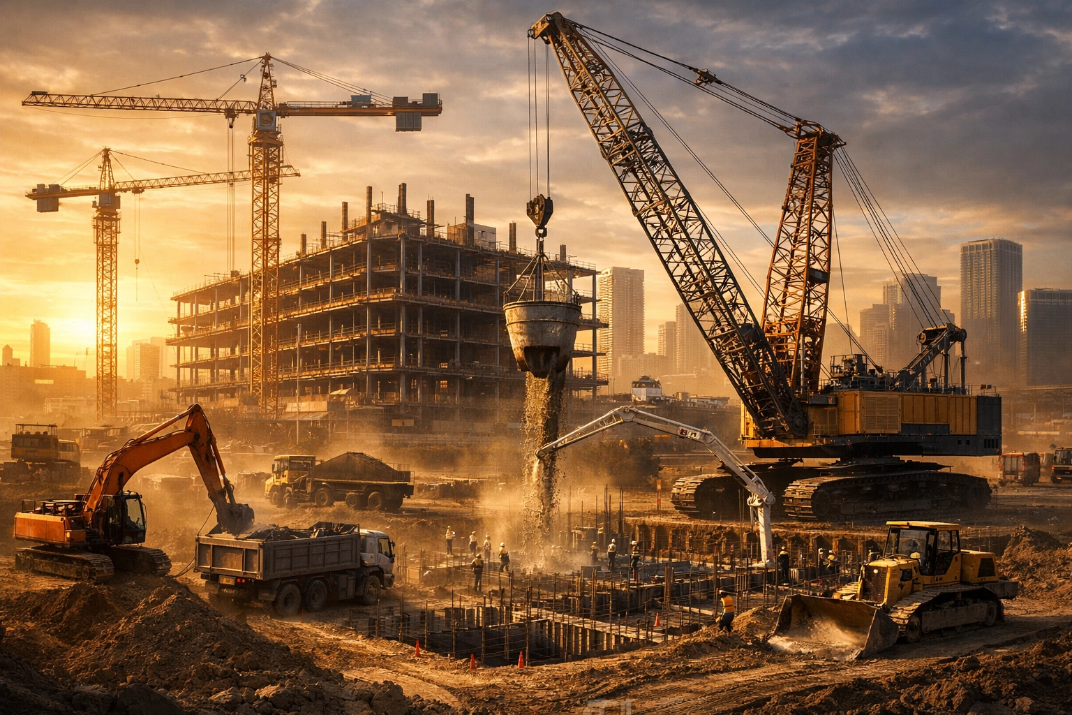 Cinematic large-scale infrastructure project with cranes, earthmoving equipment, and active construction representing the equipment financing surge.