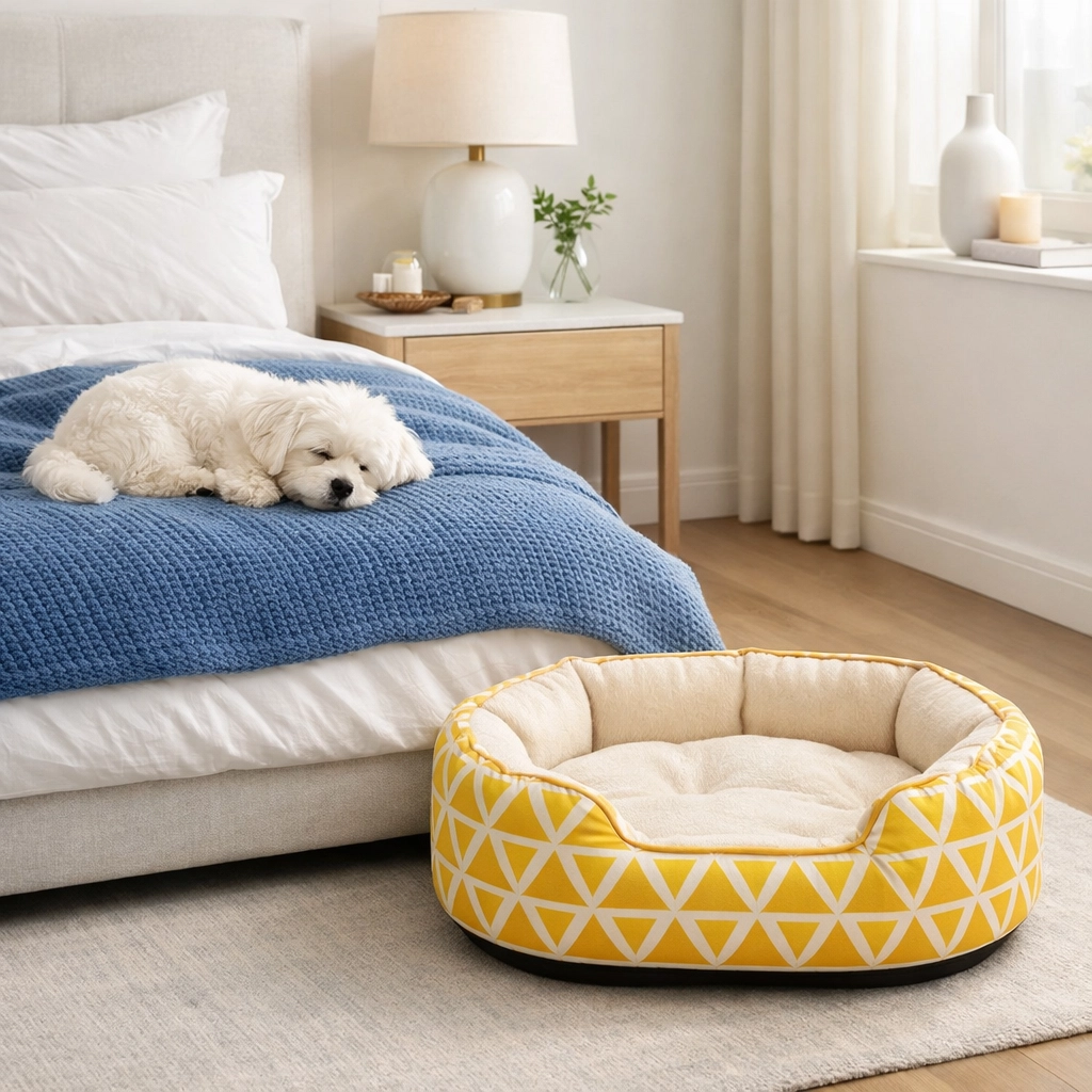 A clean bedroom with a dog resting on fresh bedding, illustrating pet hair prevention and weekly cleaning.
