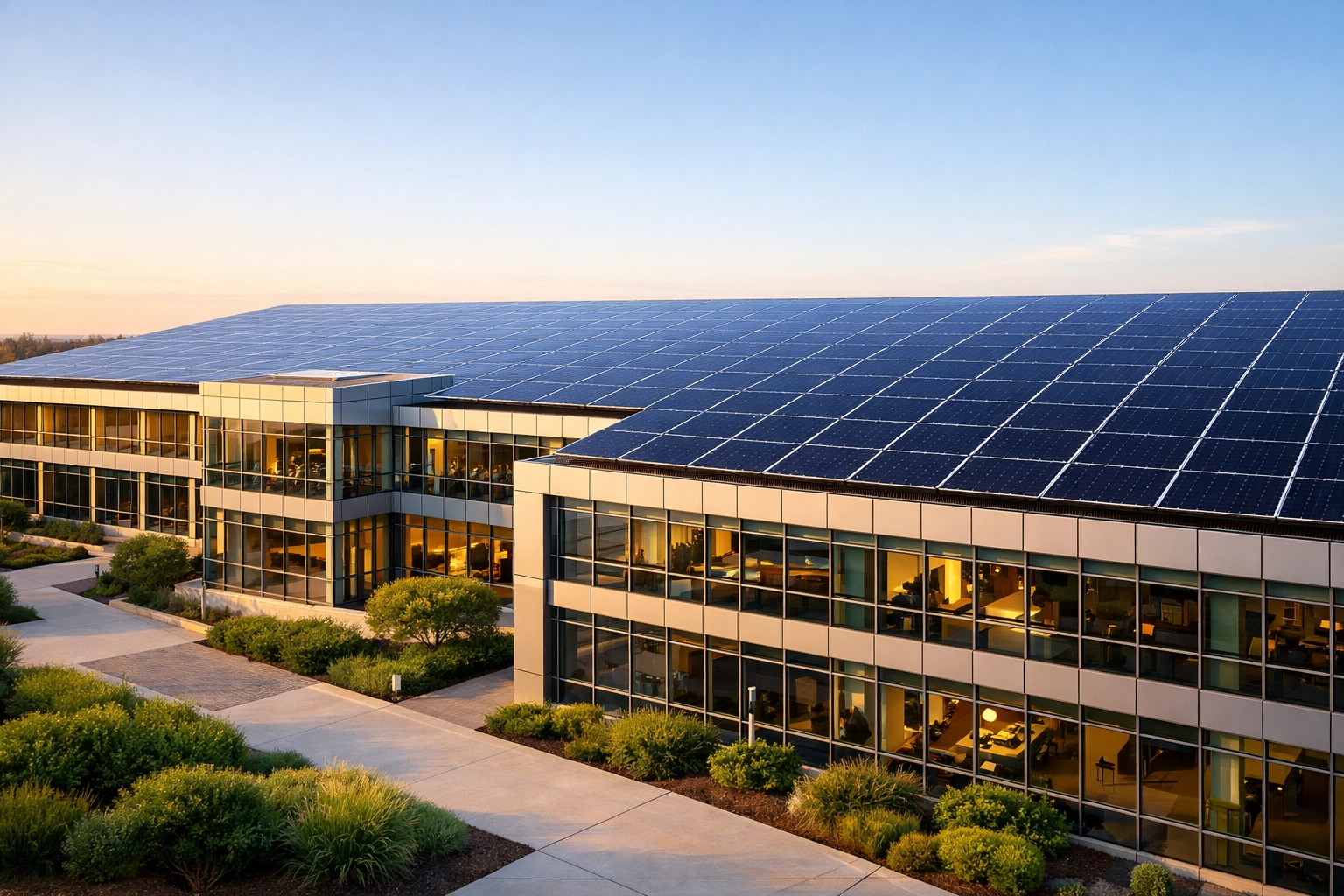 Large rooftop commercial solar panel installation on a modern office building to manage business energy costs.