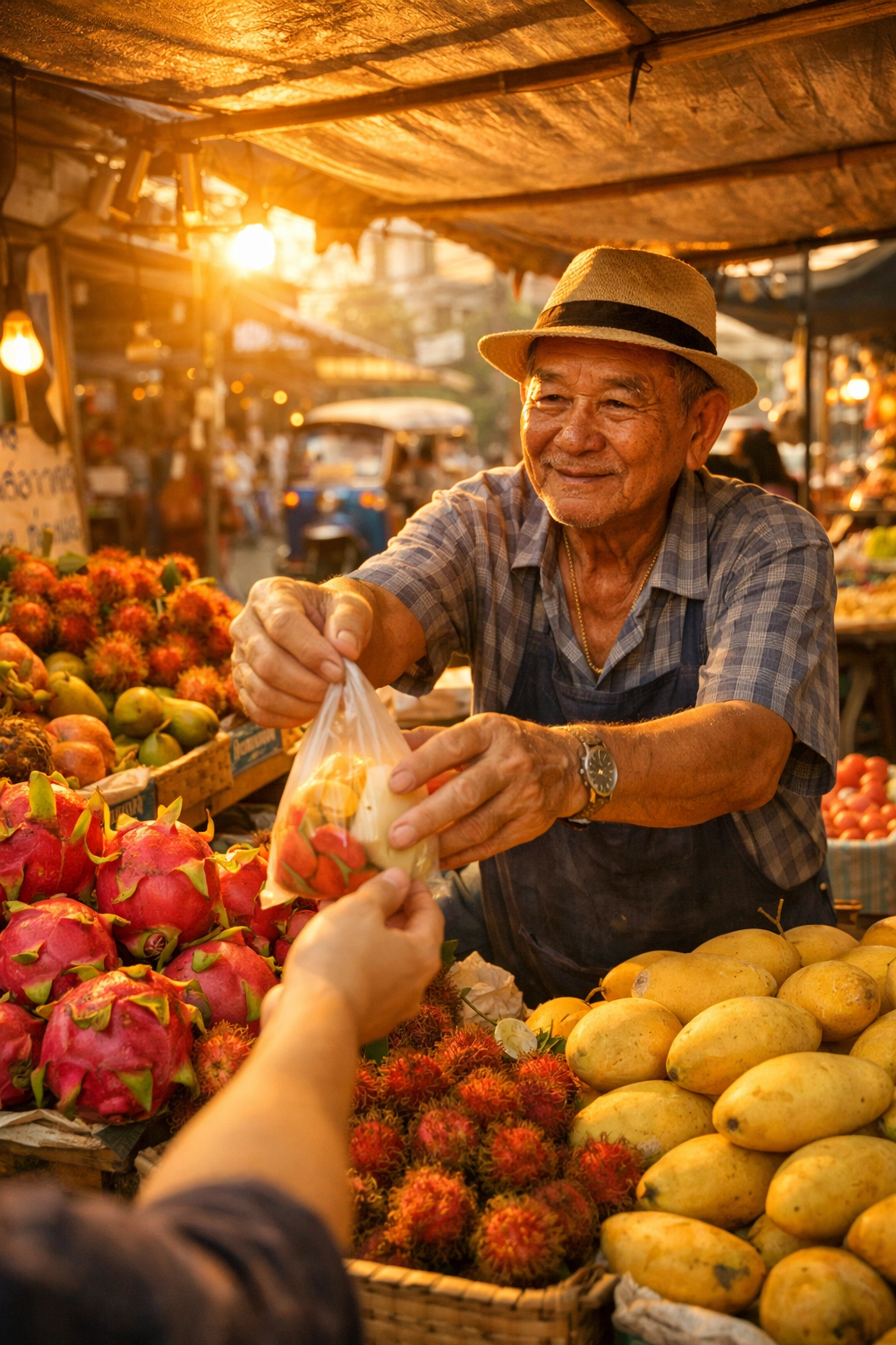 A local street vendor selling fresh tropical fruits at a traditional Bangkok market.