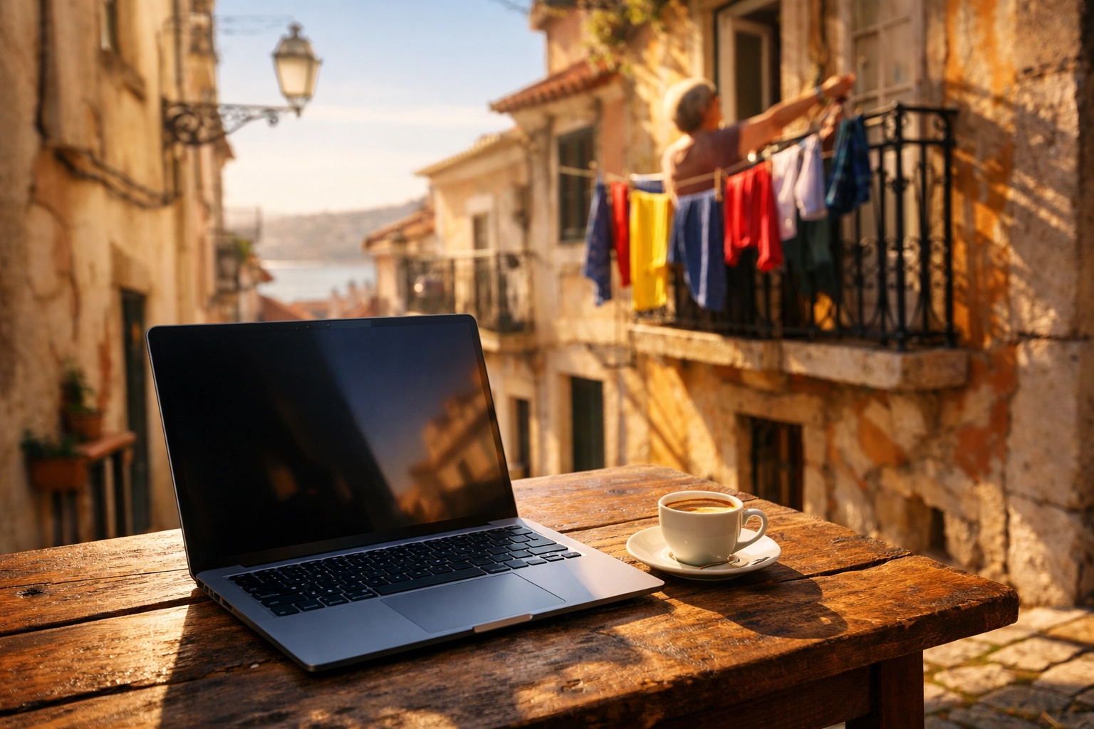 Digital nomad working on a laptop in a Lisbon alley, illustrating remote work tax compliance.