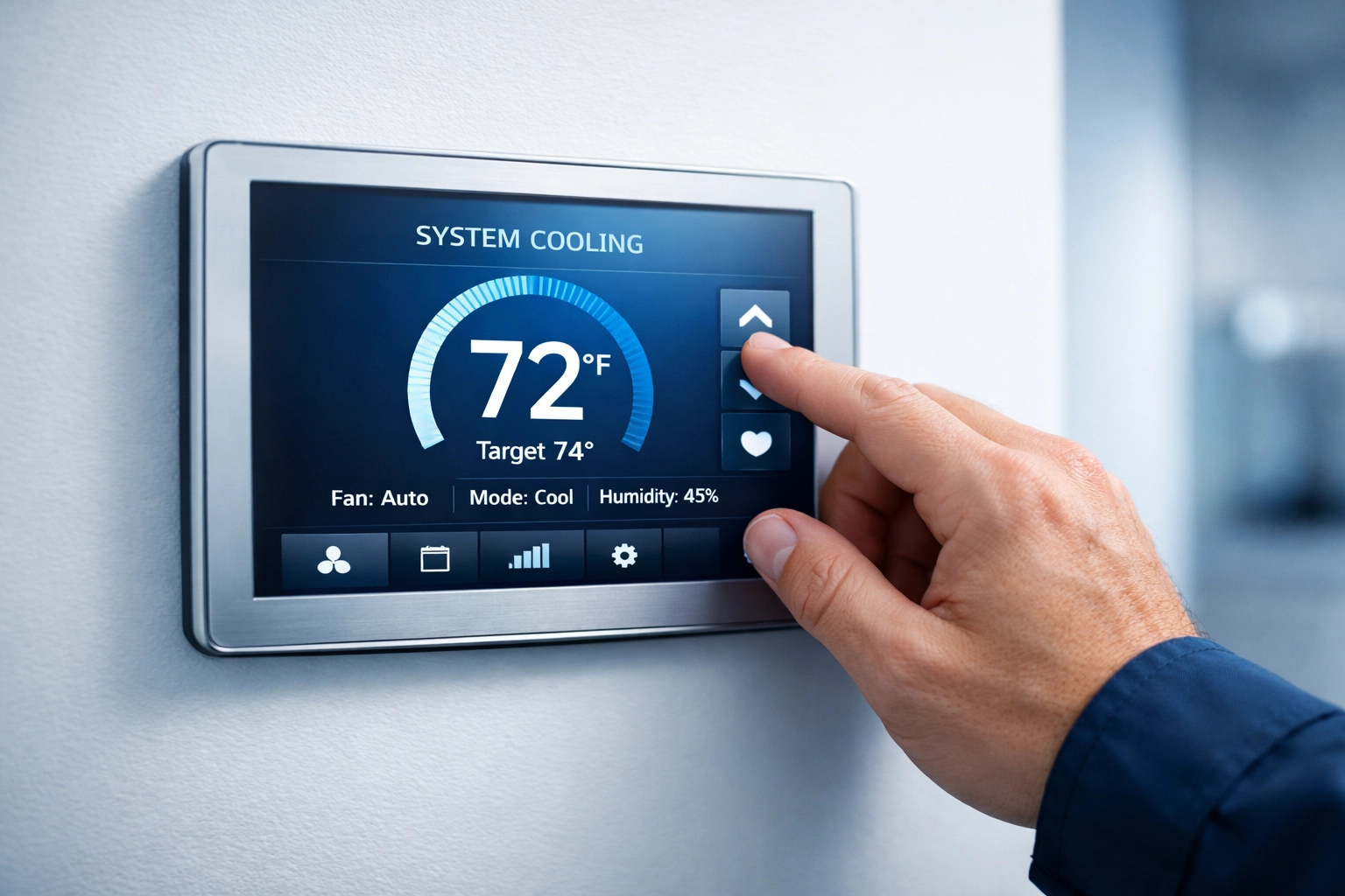HVAC technician adjusting smart thermostat settings on residential system