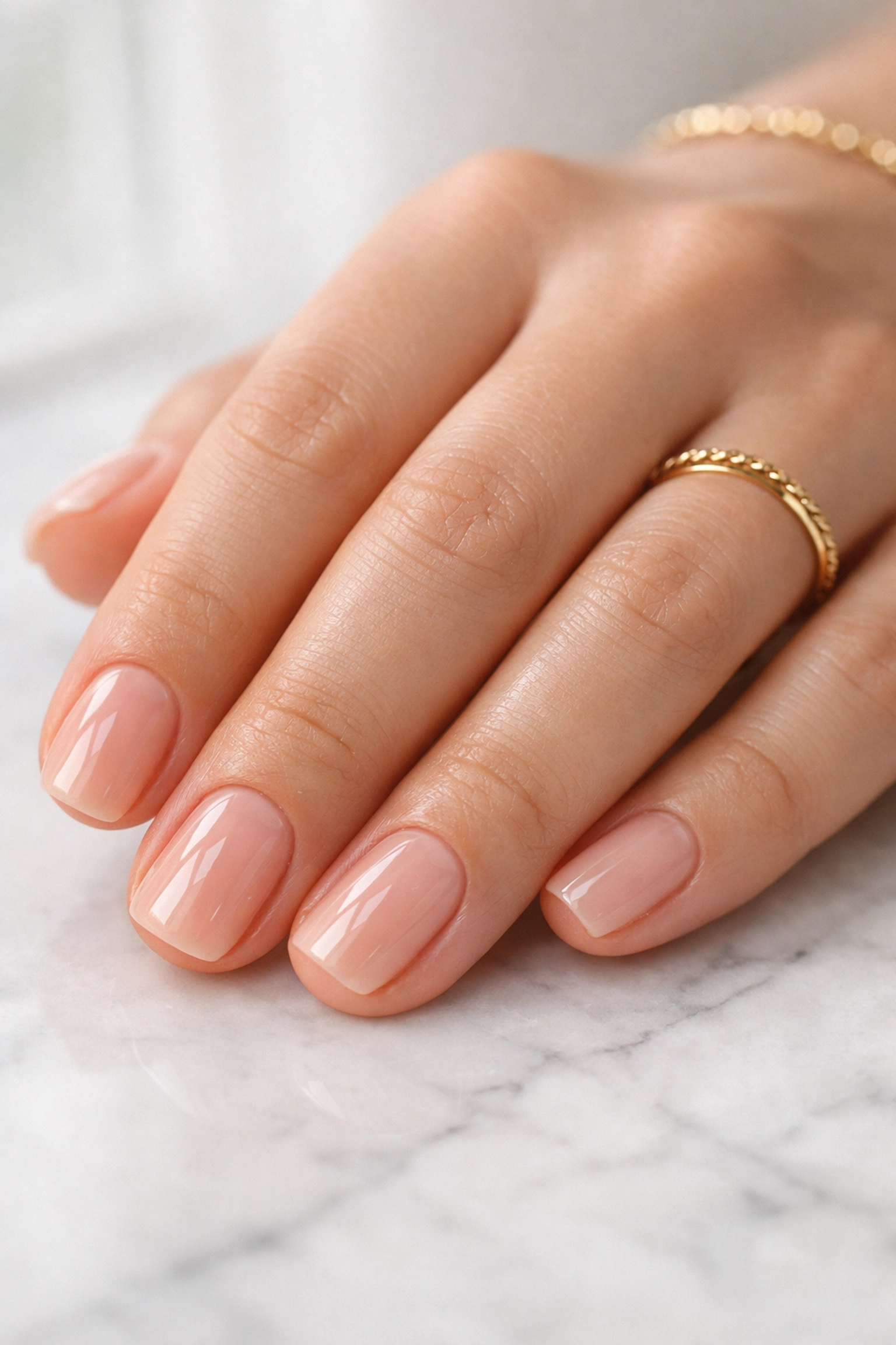 Ultra-clean Russian manicure with flawless cuticles and glossy nude gel polish on natural nails