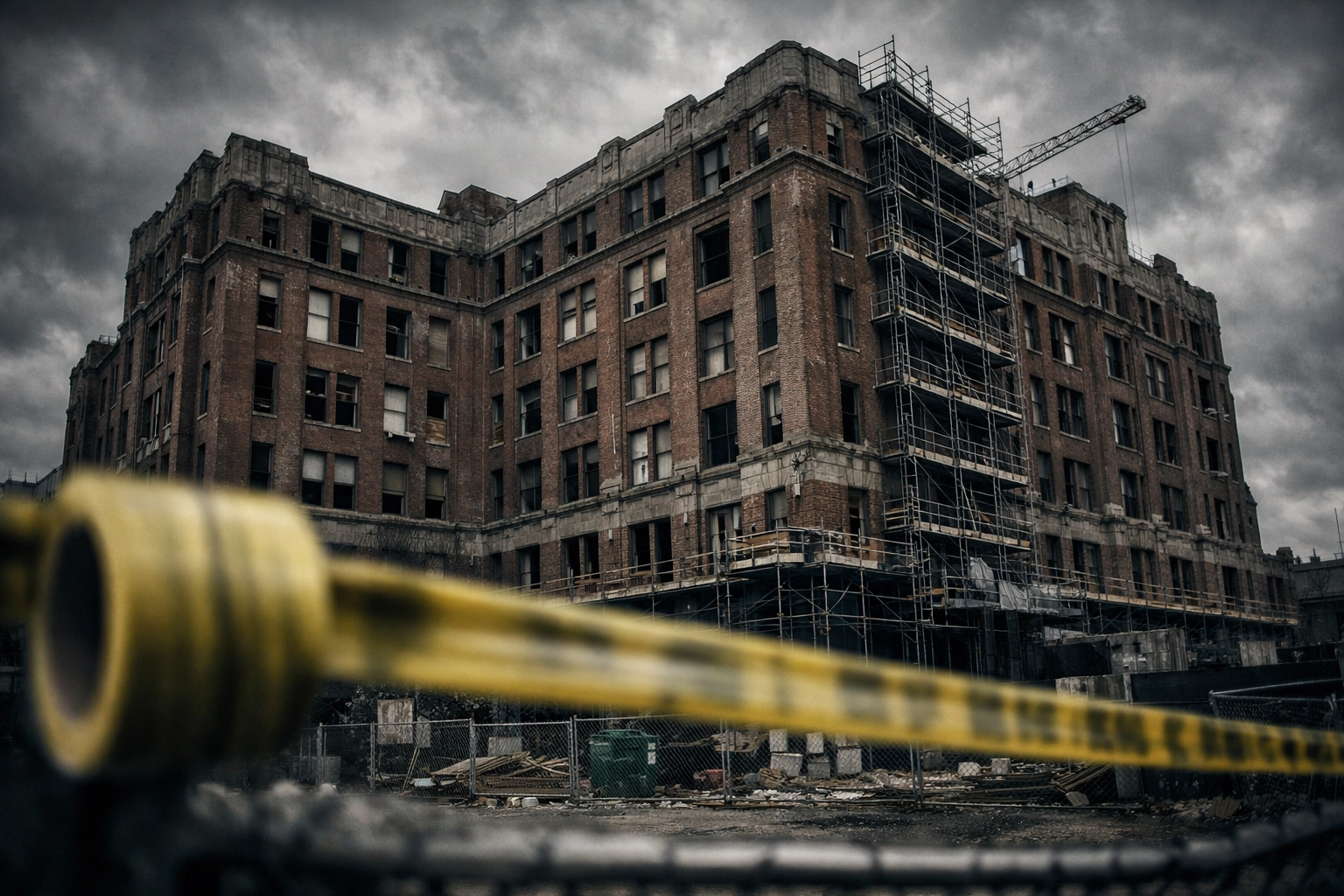 Pre-war building undergoing lead abatement with safety barrier tape during a renovation project.