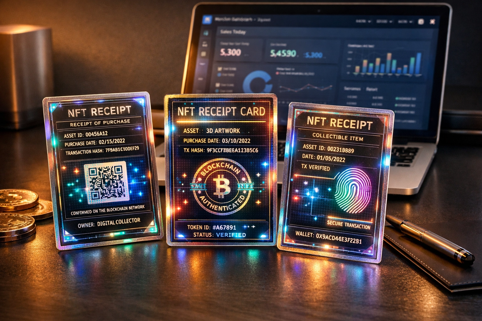 NFT receipt cards showing blockchain verification for Larecoin transactions