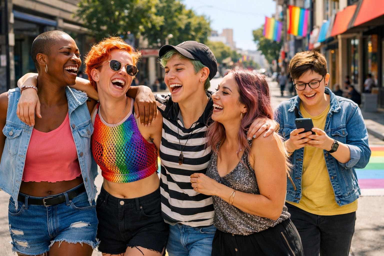 A group of happy LGBTQ+ friends celebrating community and chosen family in a sun-drenched city.