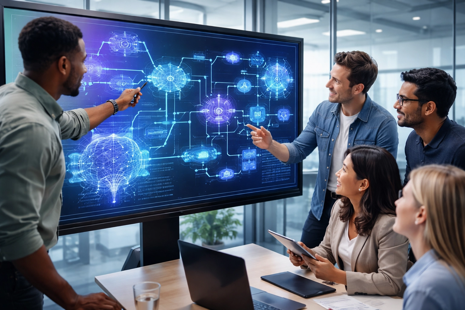 Diverse IT team collaborates around digital display, illustrating ServiceNow AI Agents driving enterprise productivity.