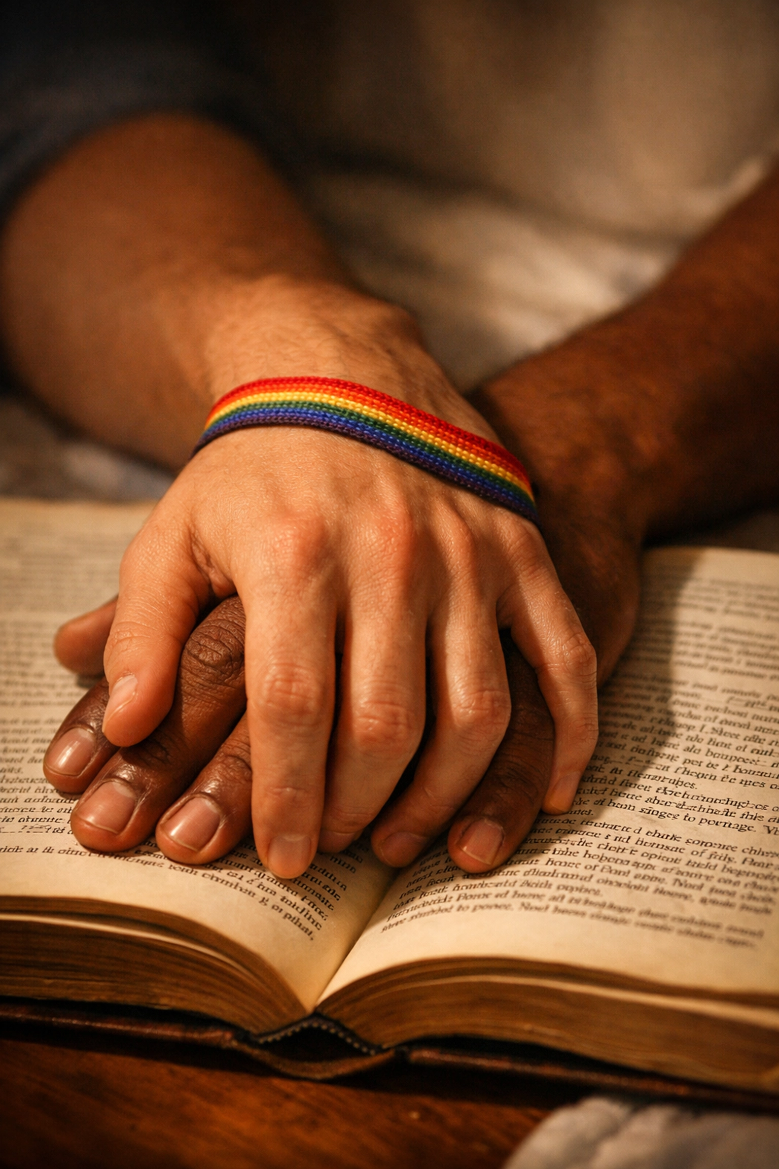 Two men's hands intertwined over open book, celebrating authentic gay romance and intimate storytelling
