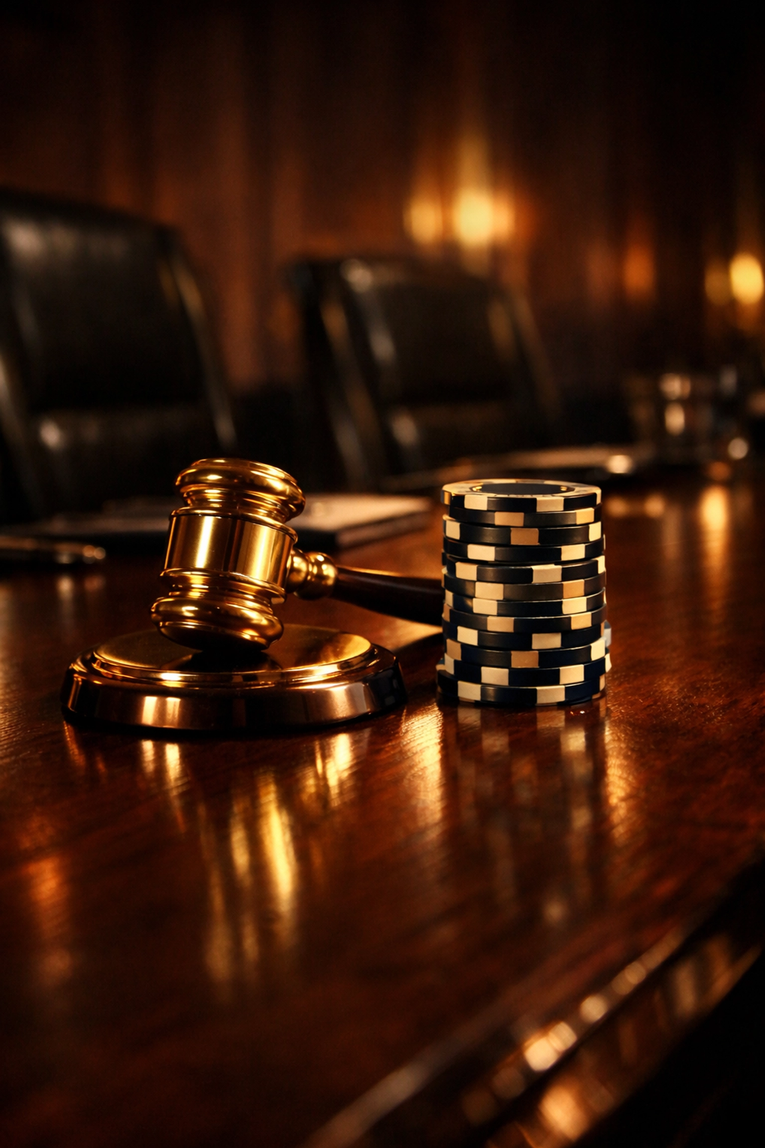 A gold gavel and poker chips on a mahogany table representing high-stakes law firm PPC investment.