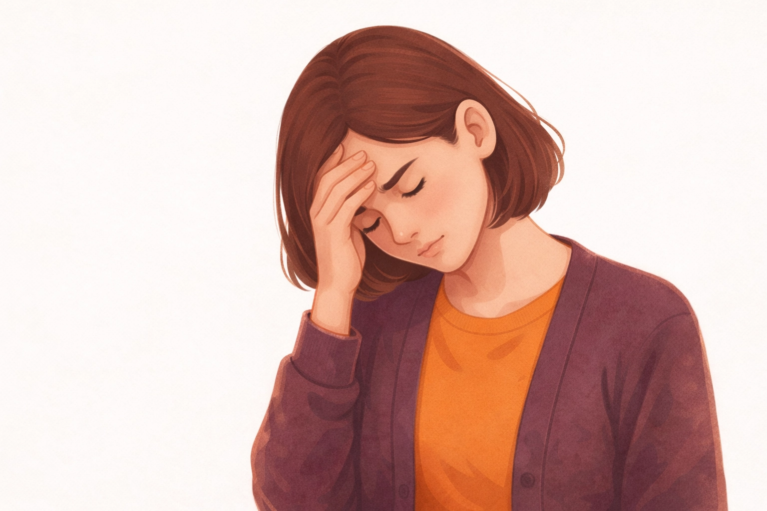 Sharp editorial painterly portrait of a person with head bowed and a hand to their forehead, capturing physical strain with deep plum and warm orange accents on a clean bright background