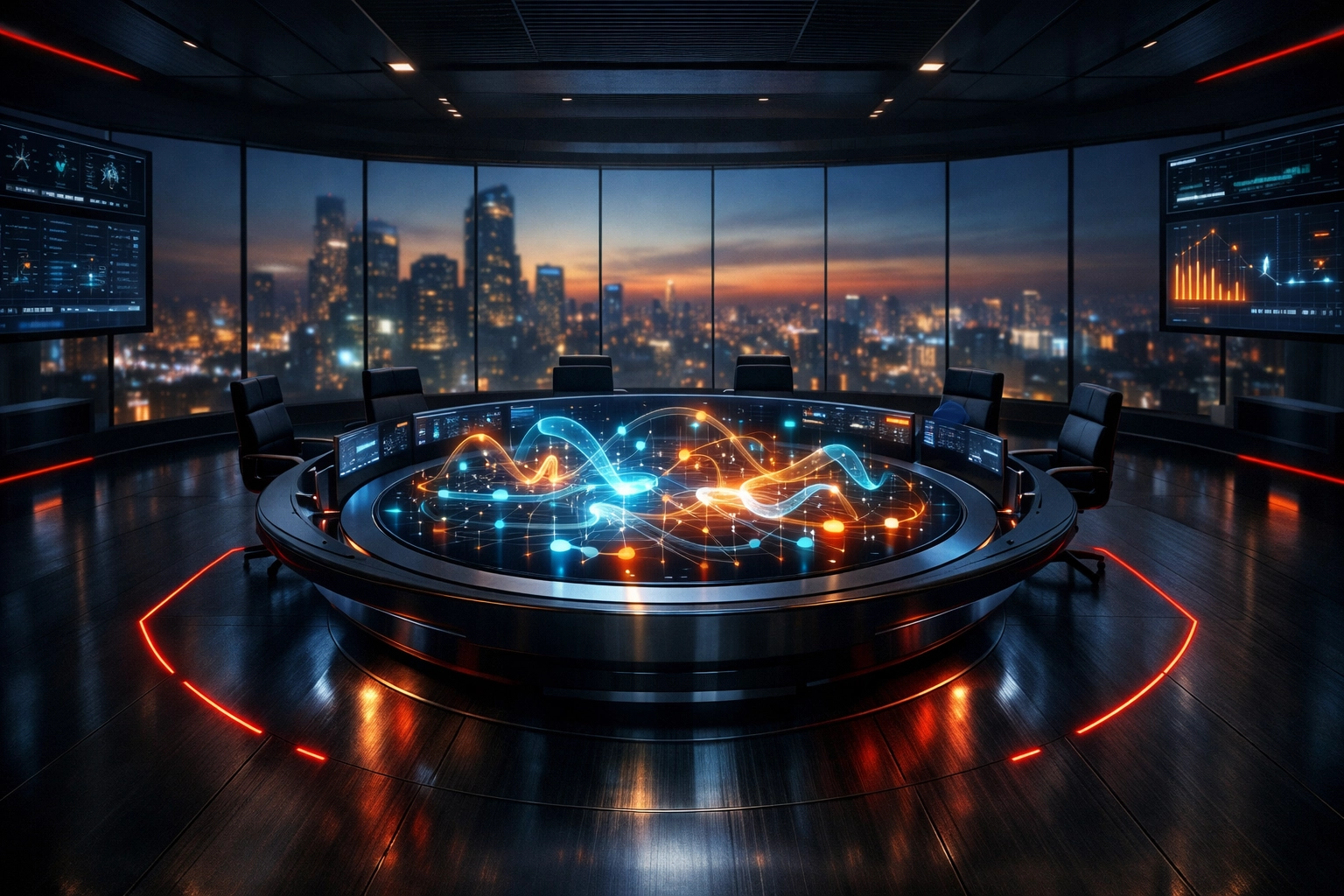 Futuristic AI command center displaying agentic AI workflows and governance data visualizations.