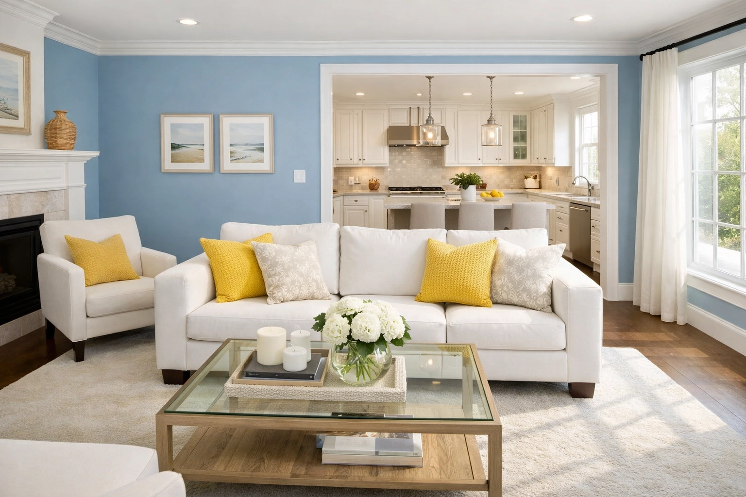 Sunlit modern living room and kitchen showing professional house cleaning Townsend MA results.