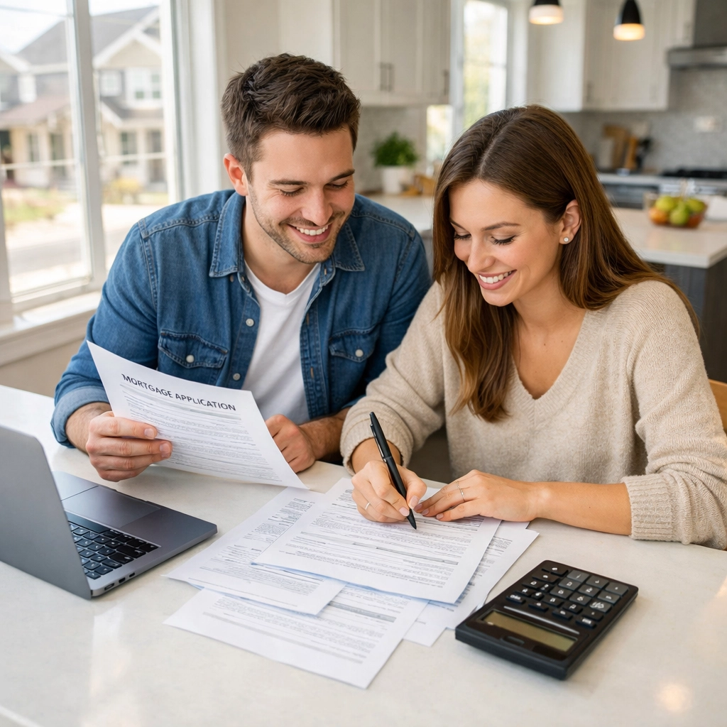 Couple reviewing mortgage rate buy-down documents for Houston new construction home purchase