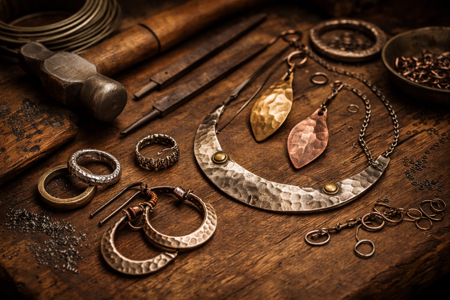 Close-up of an artisan's workbench with hand-forged metal jewelry featuring visible maker marks.