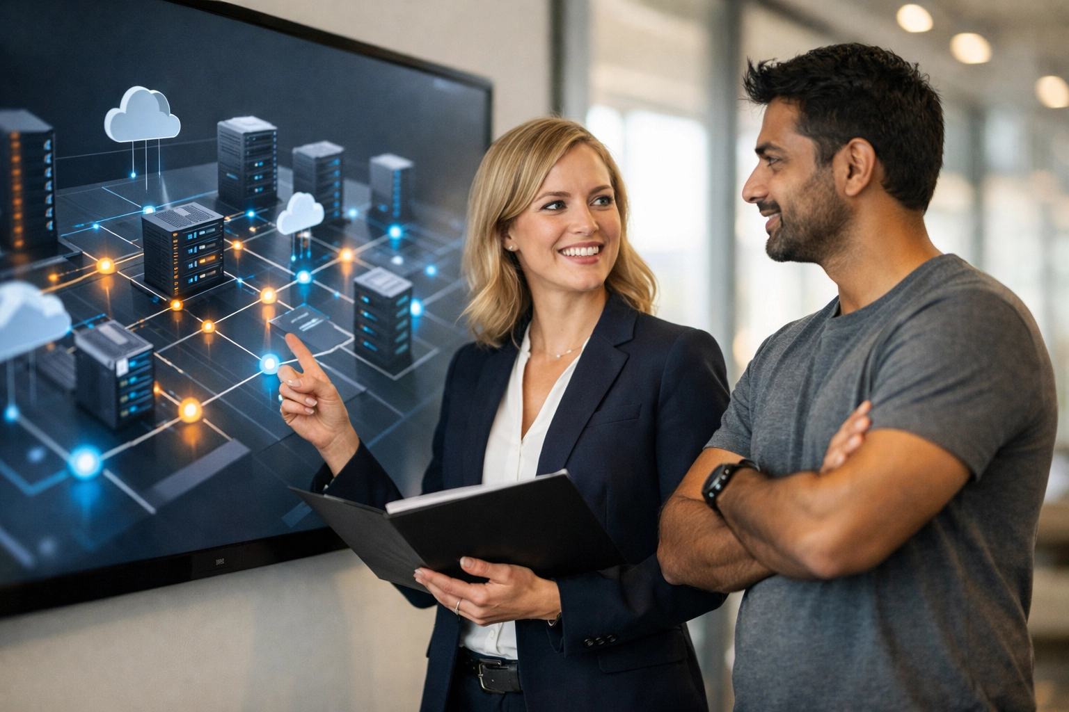 IT experts discussing a network infrastructure map during ServiceNow consulting services.