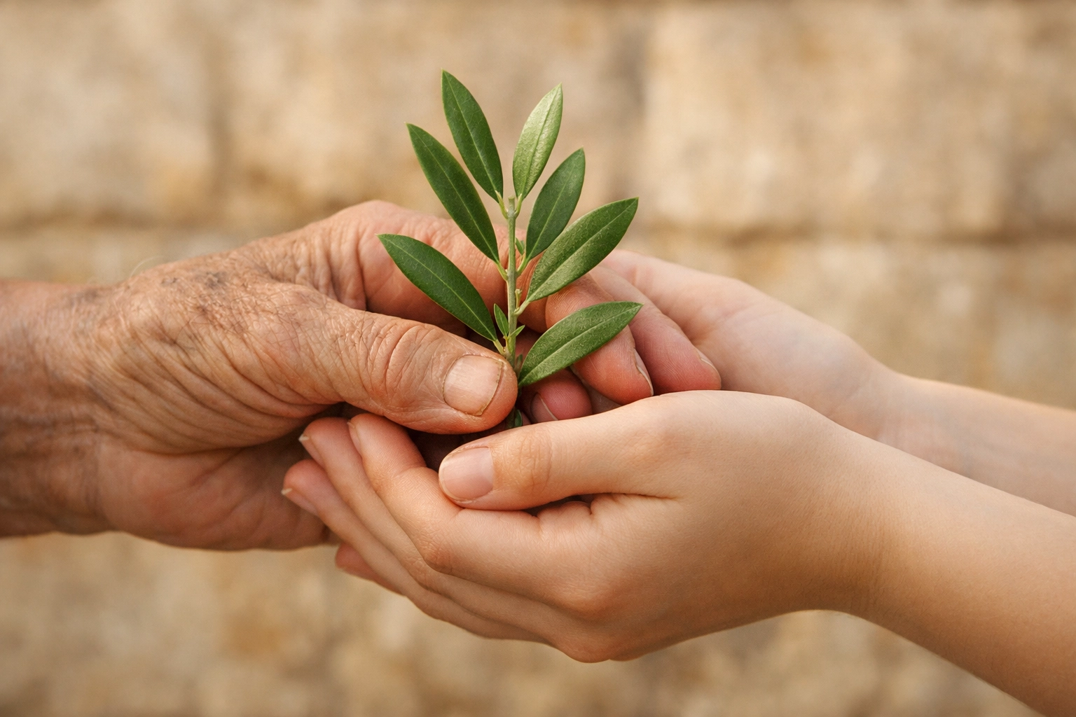 Hands holding an olive branch against a stone wall, representing peace and shared humanity.