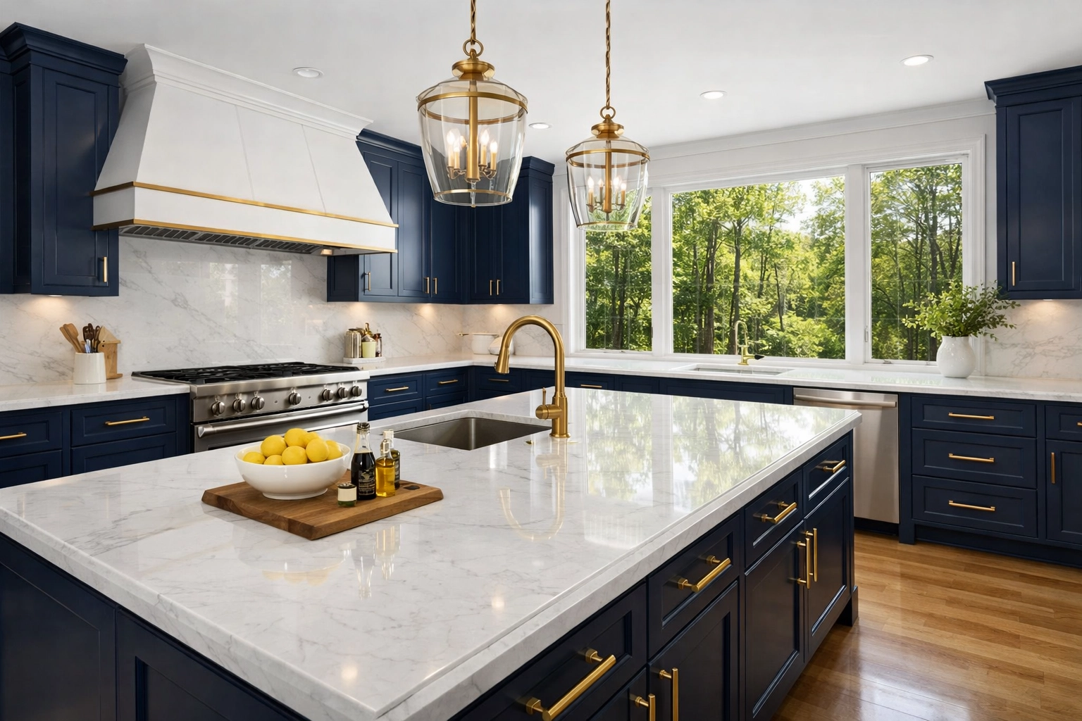 Spotless kitchen in Boxford MA featuring marble countertops and professional Boxford luxury cleaning.