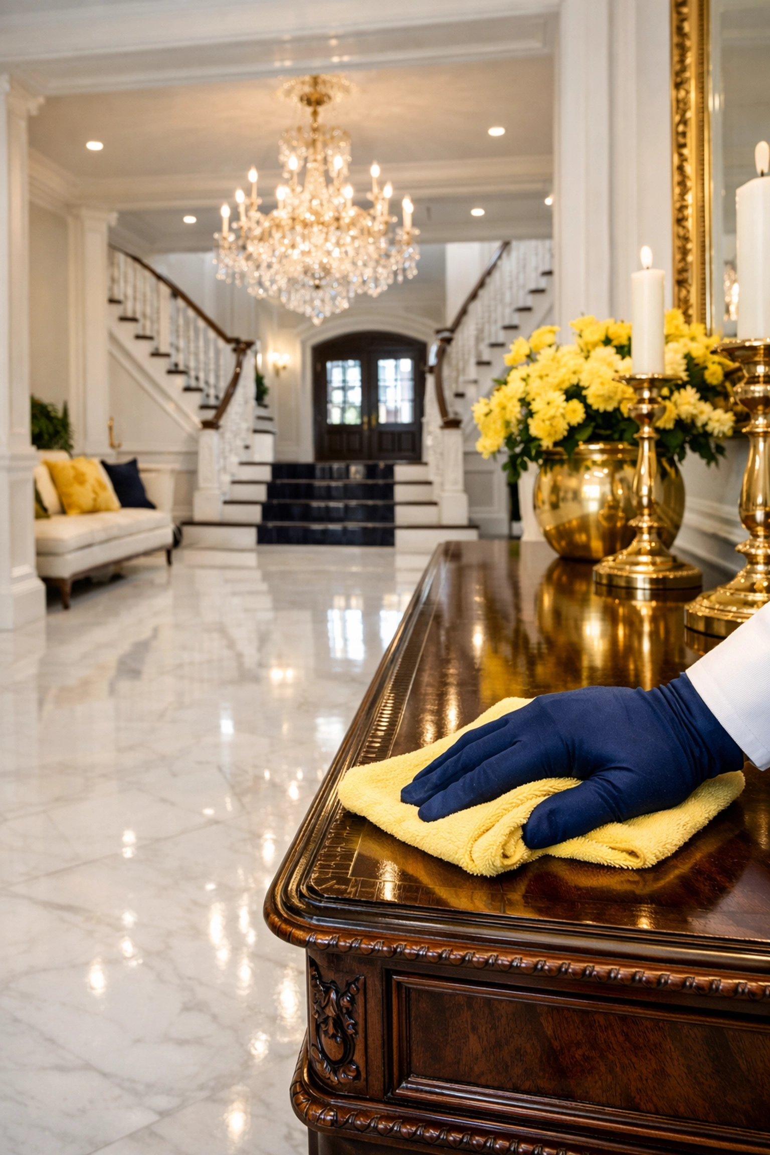 Professional residential cleaning Massachusetts team detailing a luxury marble foyer and wood console.