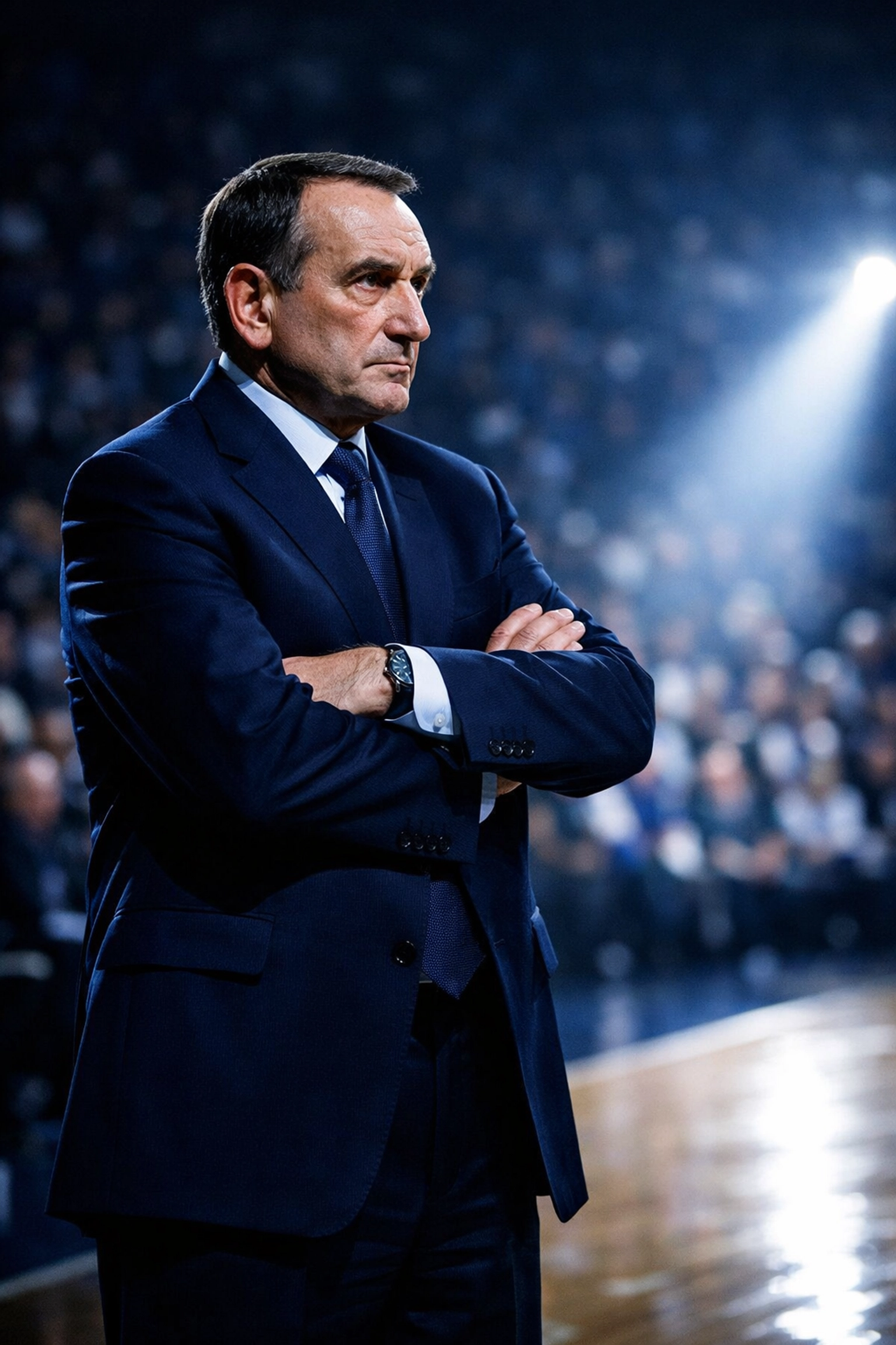 UConn coach Geno Auriemma stands focused on the sideline in a navy suit during the 2026 undefeated season.