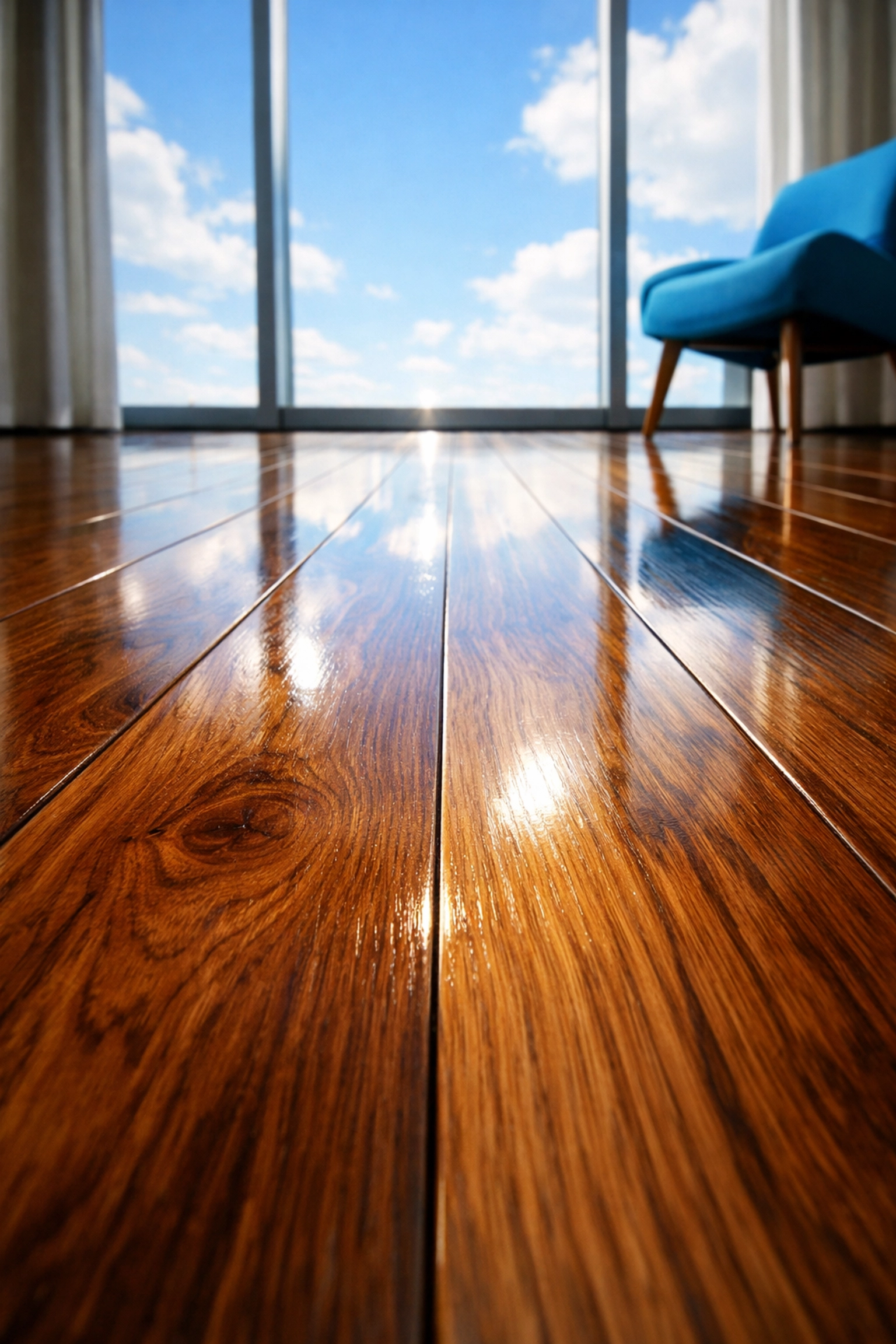 Polished hardwood floors in a Framingham home after thorough post-construction cleaning services.