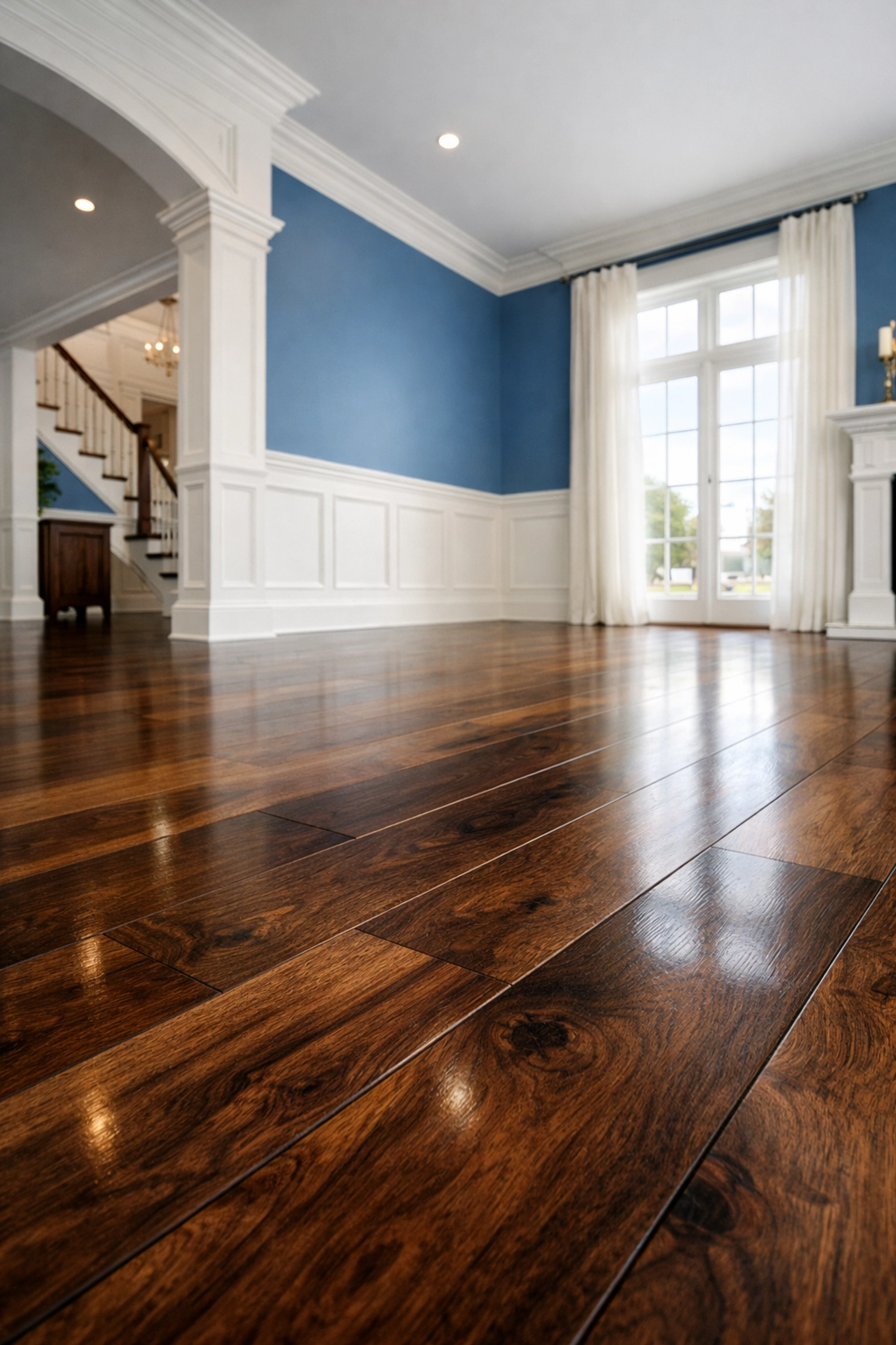 Pristine walnut hardwood floors in a Weston home maintained to avoid luxury residential cleaning mistakes.