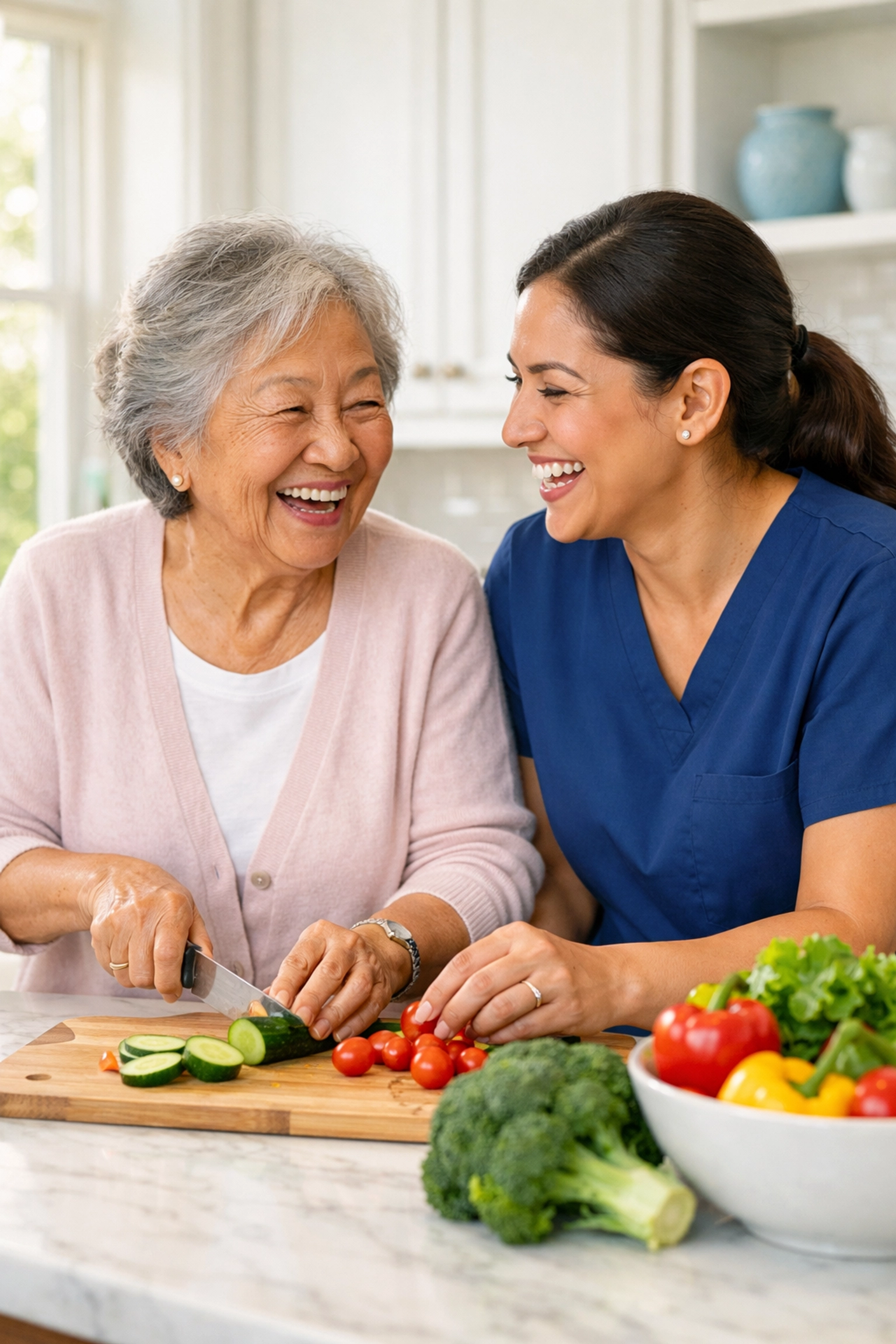 Hispanic caregiver and Asian senior cooking together in Warrenton, personalized private pay home care