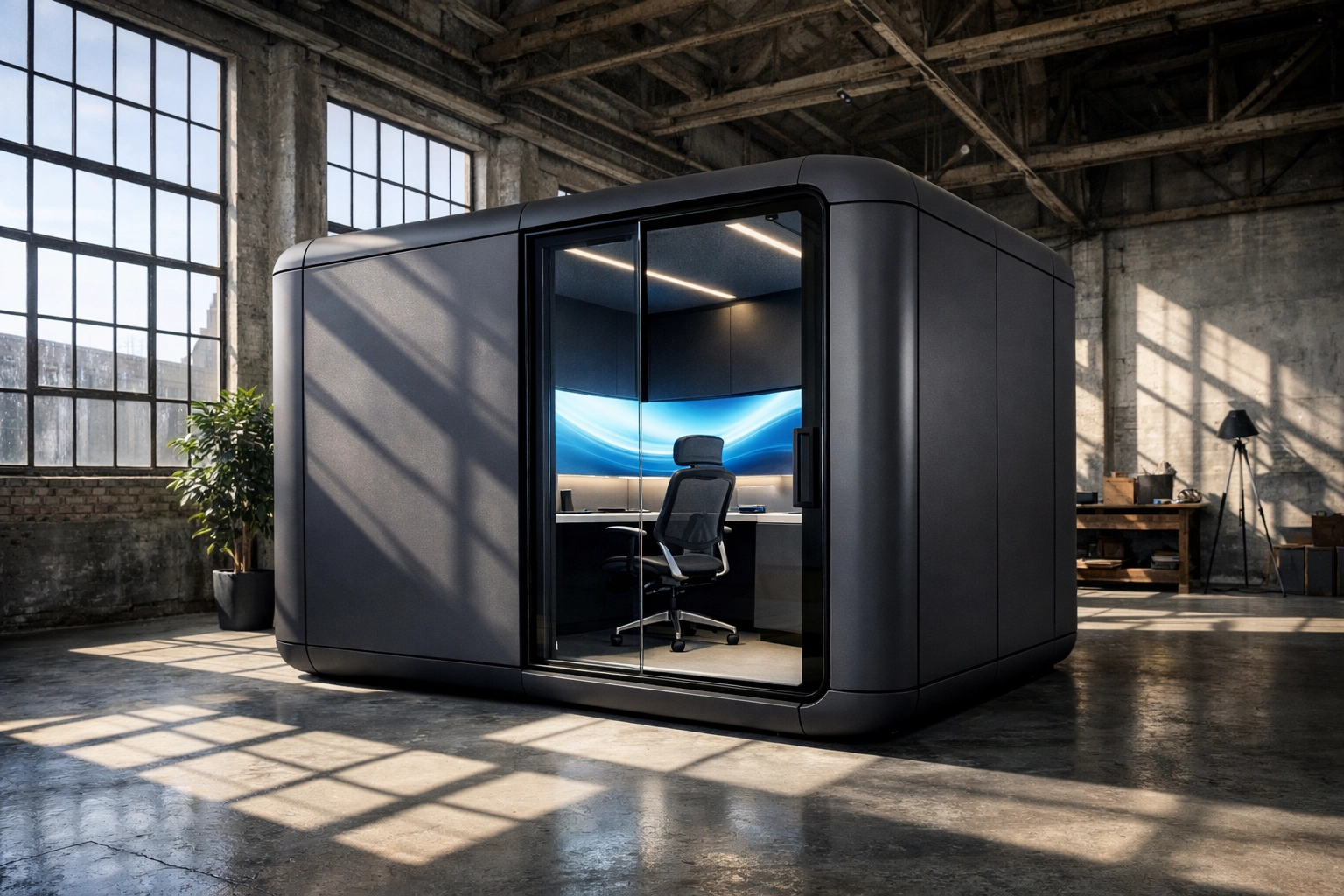 Futuristic modular training pod with professional monitor in a modern office loft.