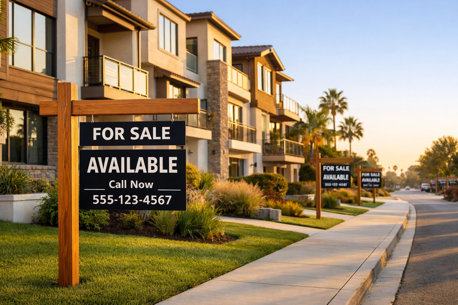 For Sale signs in front of modern South Bay townhomes showing high inventory in the local real estate market.