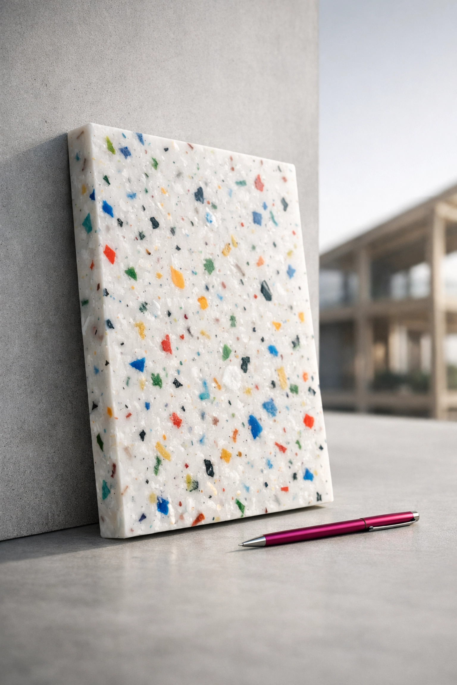 Polished 100% recycled plastic sheet with confetti pattern, representing sustainable materials for circular construction.