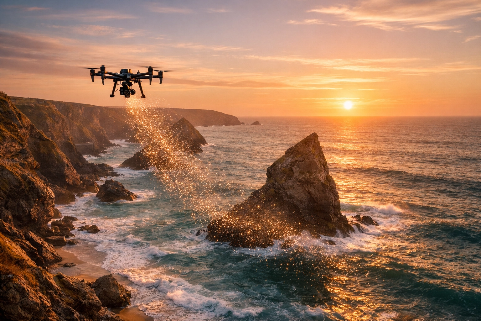 Drone scattering ashes over the sea stacks at Bedruthan Steps in Cornwall during a sunset memorial.