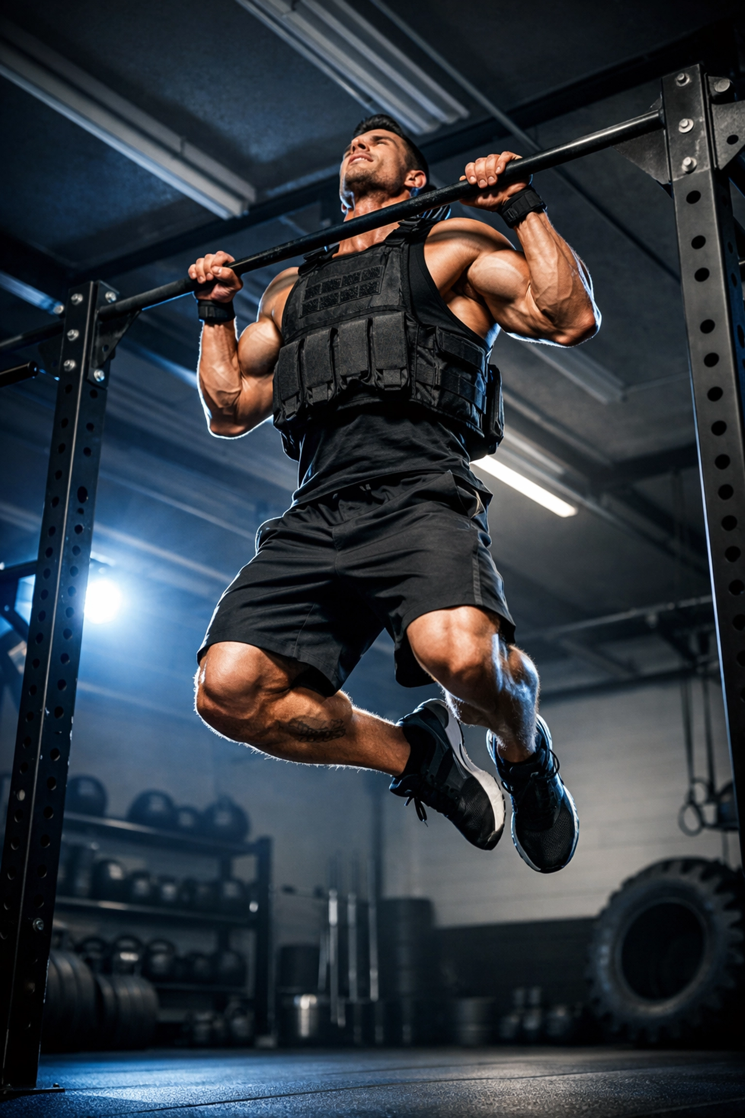 Elite athlete using a weighted vest for explosive resistance training and pull-up progressions.