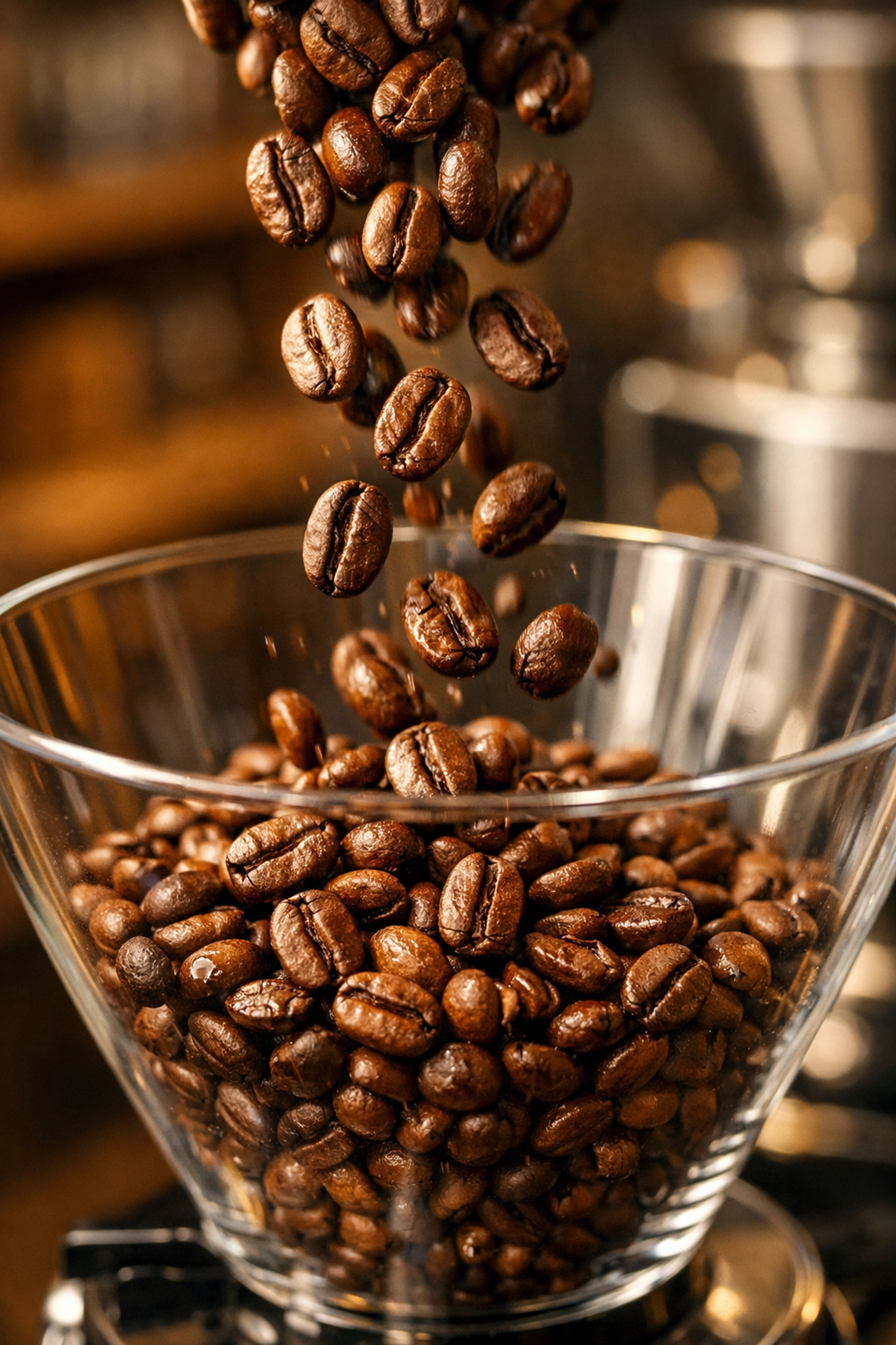 High-quality specialty coffee beans being poured into a grinder hopper for a professional cafe setup.