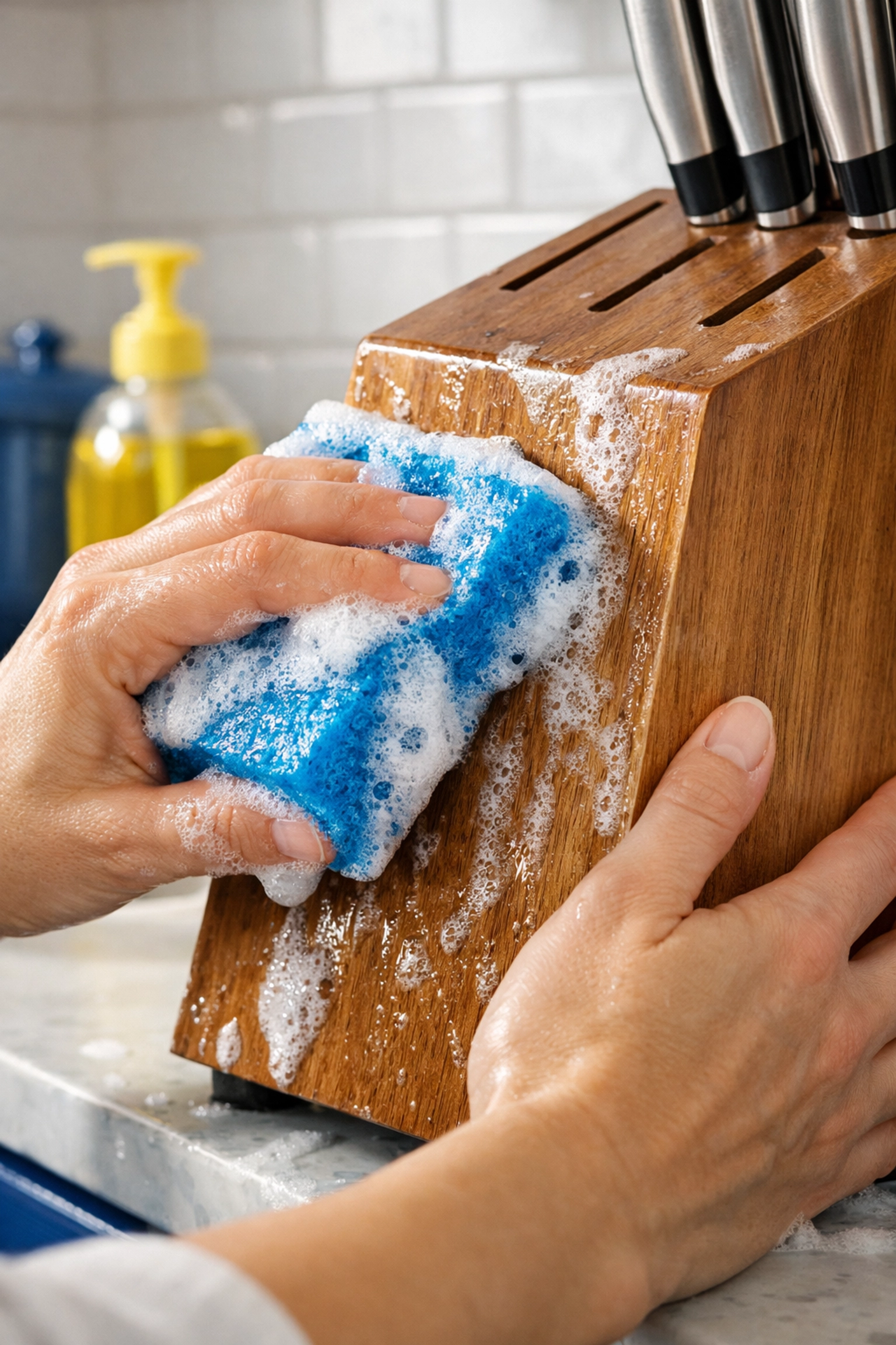 Sanitizing a wooden knife block with soapy water to ensure a germ-free kitchen space.