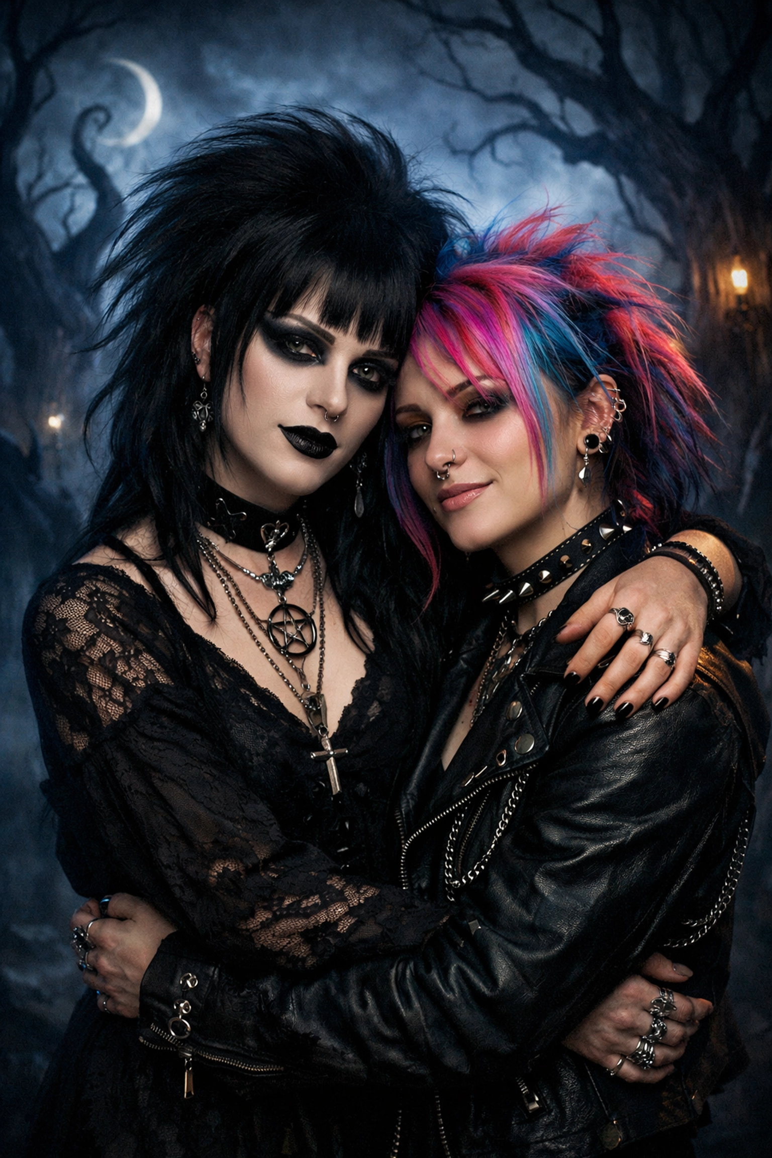 Queer couple in gothic alternative fashion embracing in dark fantasy Tim Burton-inspired setting