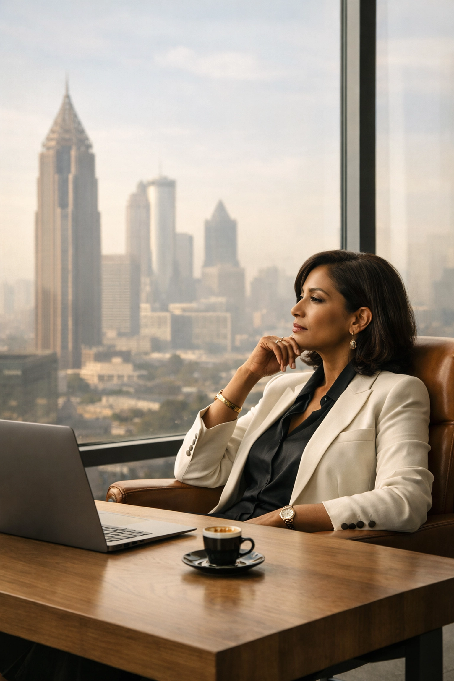 A pensive executive in an Atlanta office evaluating the difference between being busy and being profitable.