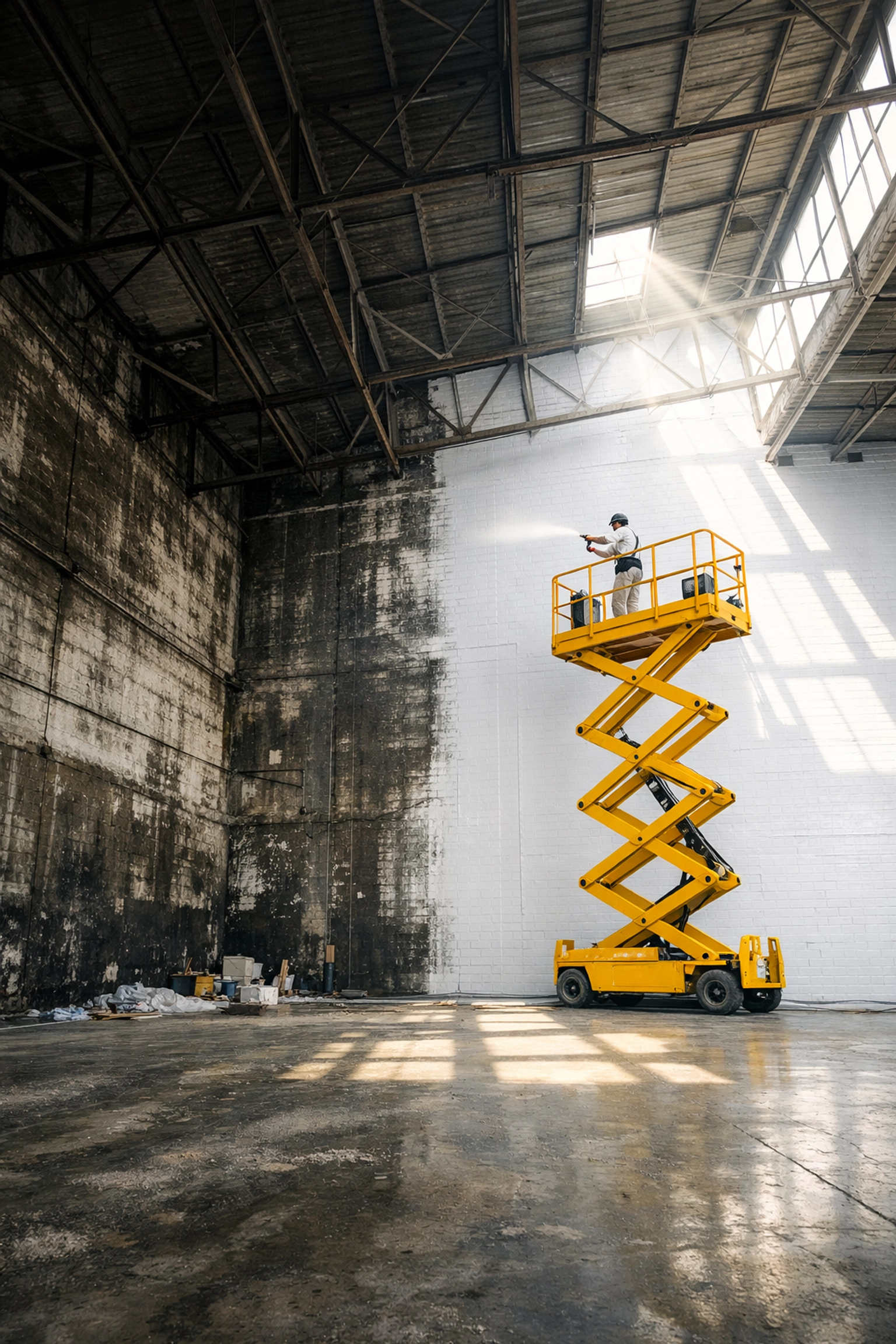 Industrial painting contractors applying reflective white coating to improve warehouse brightness.