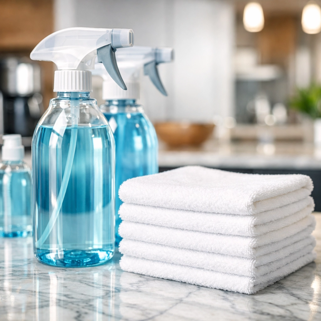Eco-friendly commercial cleaning supplies and microfiber cloths in a spotless office kitchen.