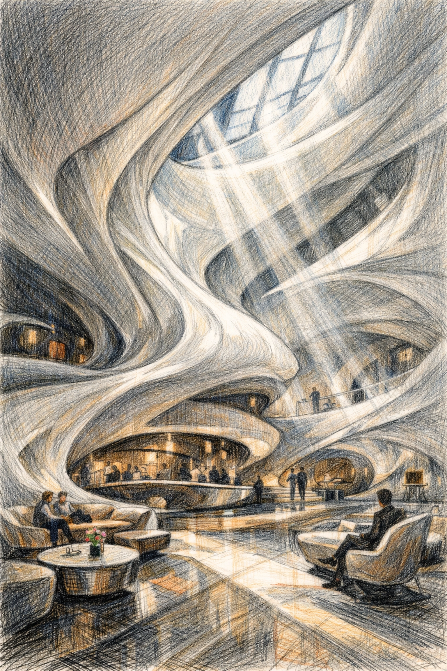 Futuristic luxury hotel lobby featuring fluid white curved walls and parametric design architecture.