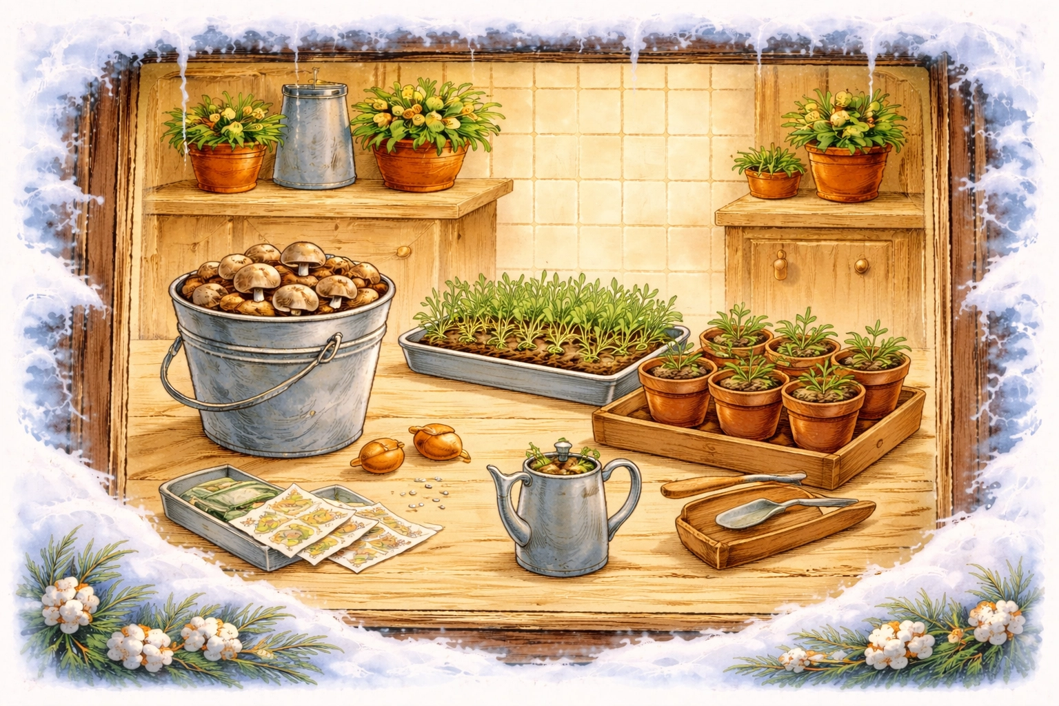 Whimsical storybook illustration of a cozy kitchen table with a mushroom bucket, microgreens tray, and seed-starting pots