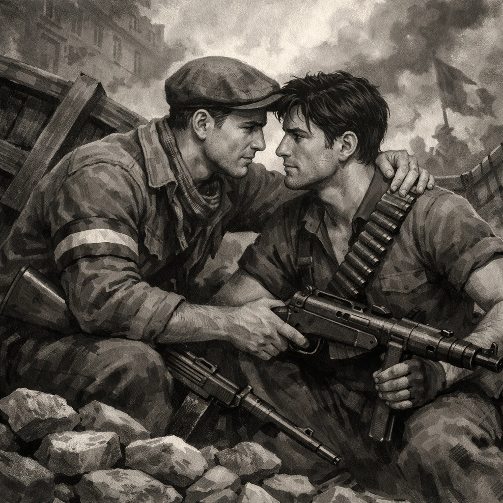 Gay resistance fighters support each other behind barricades during 1944 Paris liberation