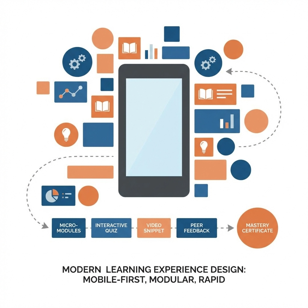 Rapid instructional design for customer education hero showing modern collaborative workspace with digital training content development