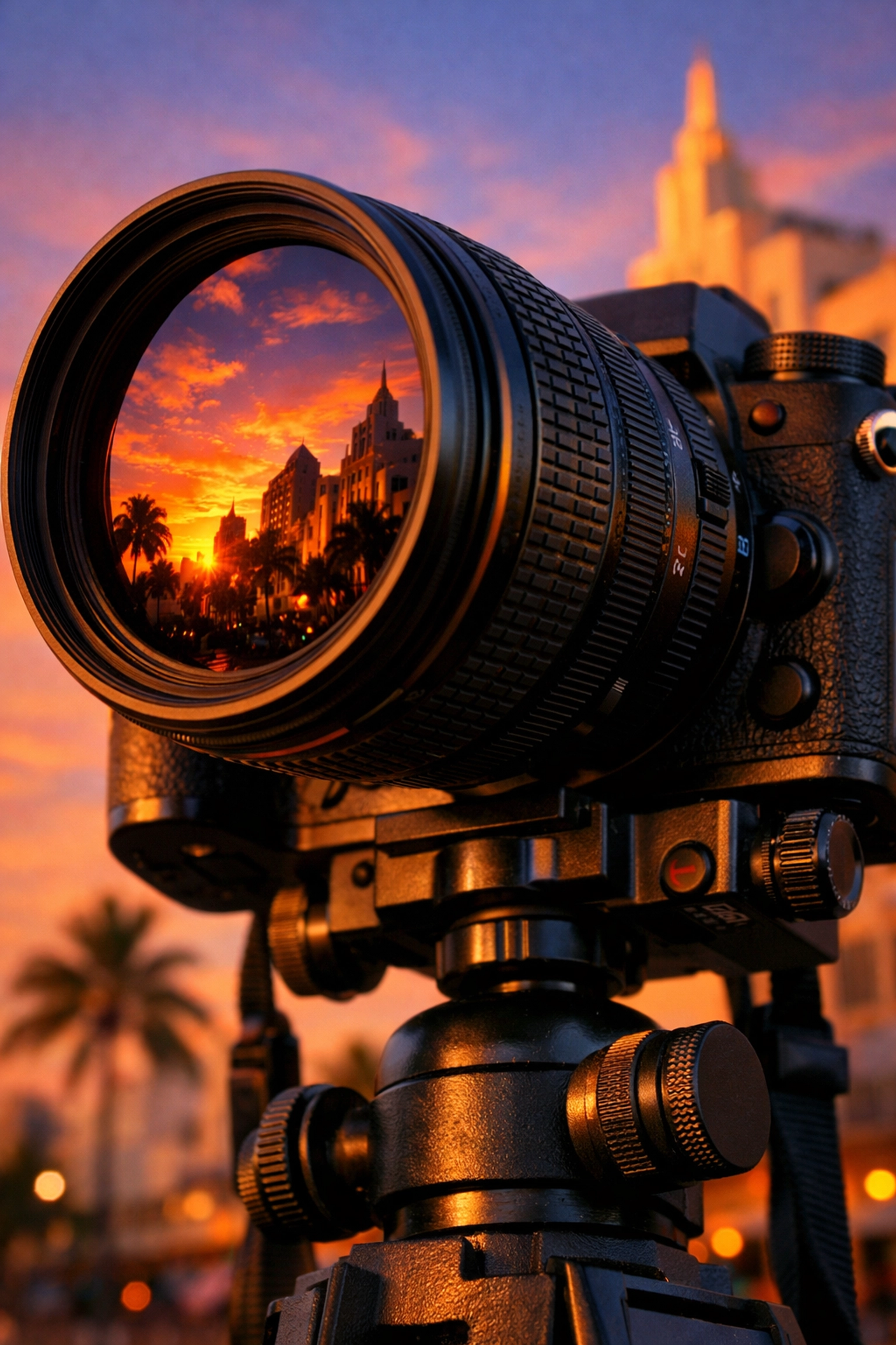 Professional camera gear reflecting the Miami sunset during the magic hour for event photography.