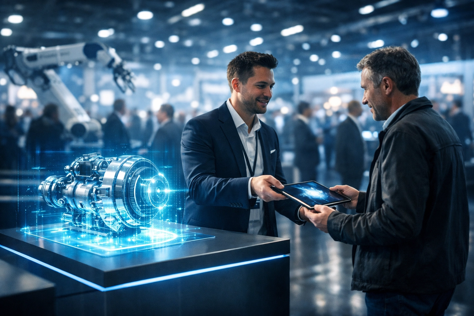 Professional capturing digital leads at a manufacturing trade show booth with a high-tech display.